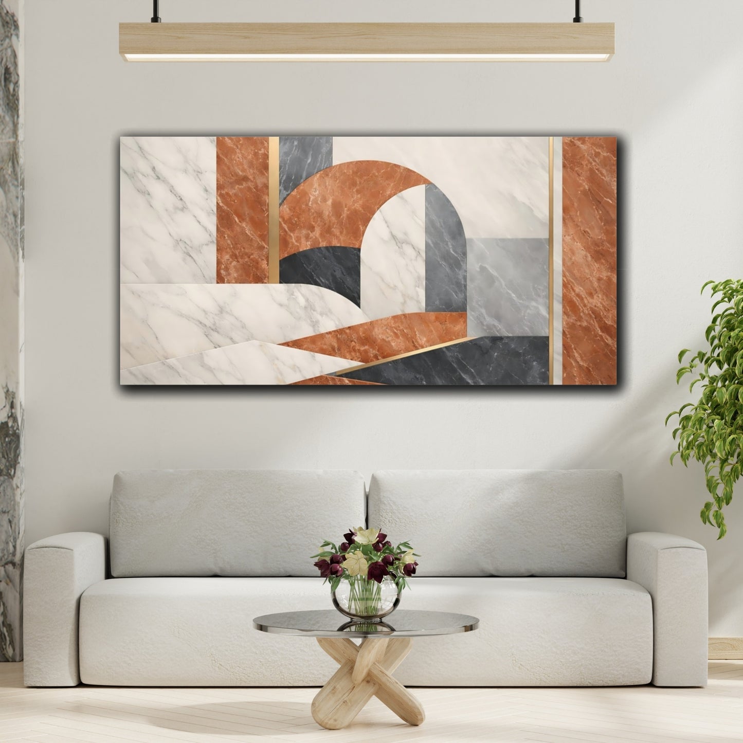 Mockup 3. Abstract Geometric Abstraction Terracotta Gold shown as stretched canvas wall art
