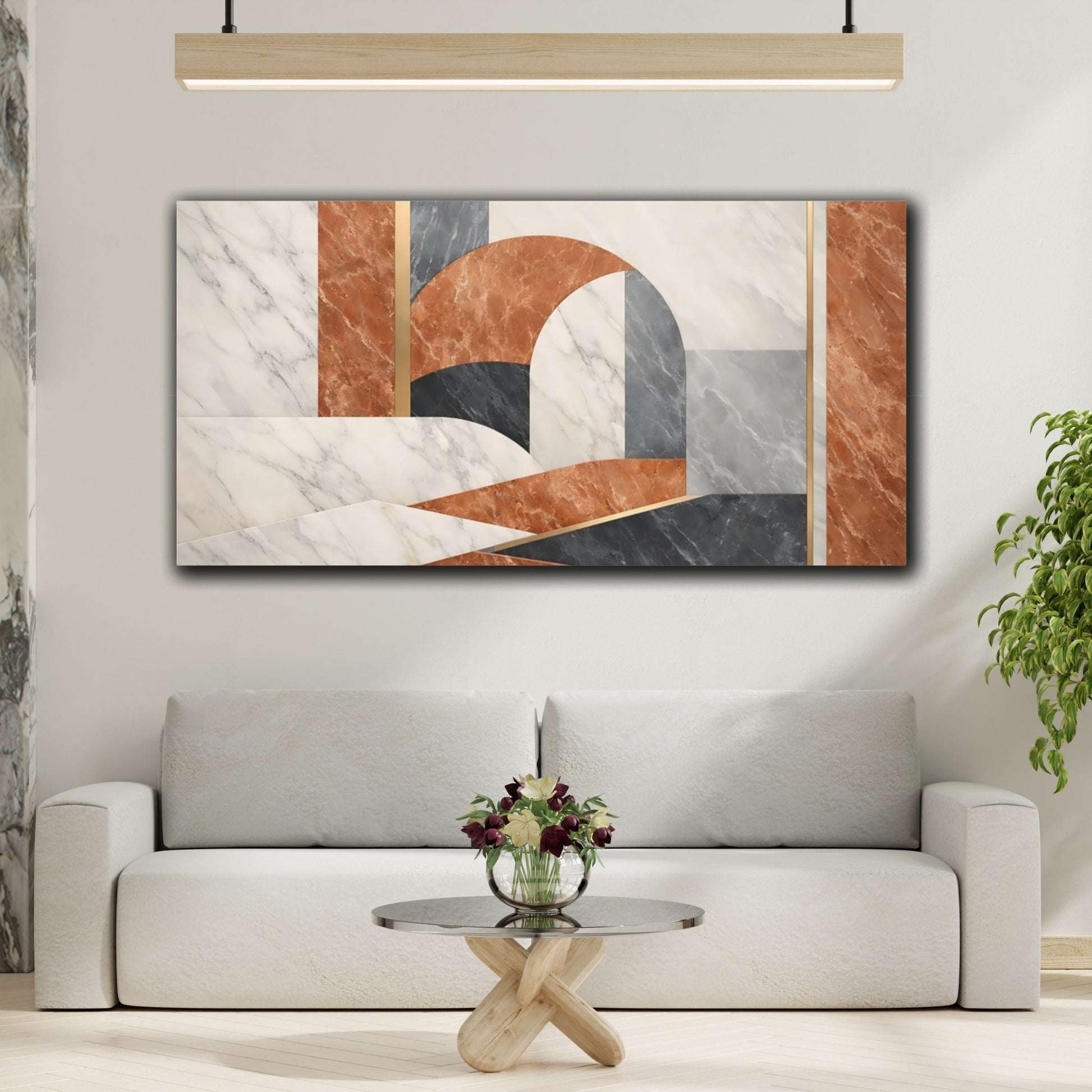 Mockup 3. Abstract Geometric Abstraction Terracotta Gold shown as stretched canvas wall art
