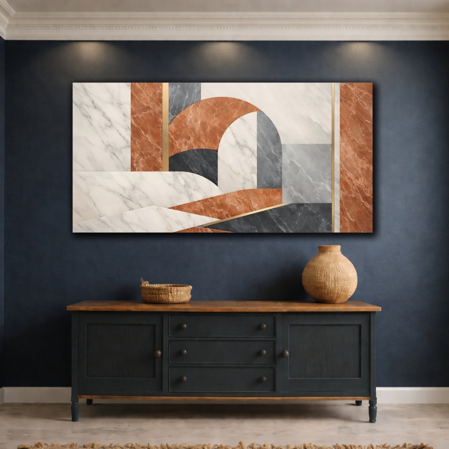 Mockup 4. Abstract Geometric Abstraction Terracotta Gold shown as stretched canvas wall art