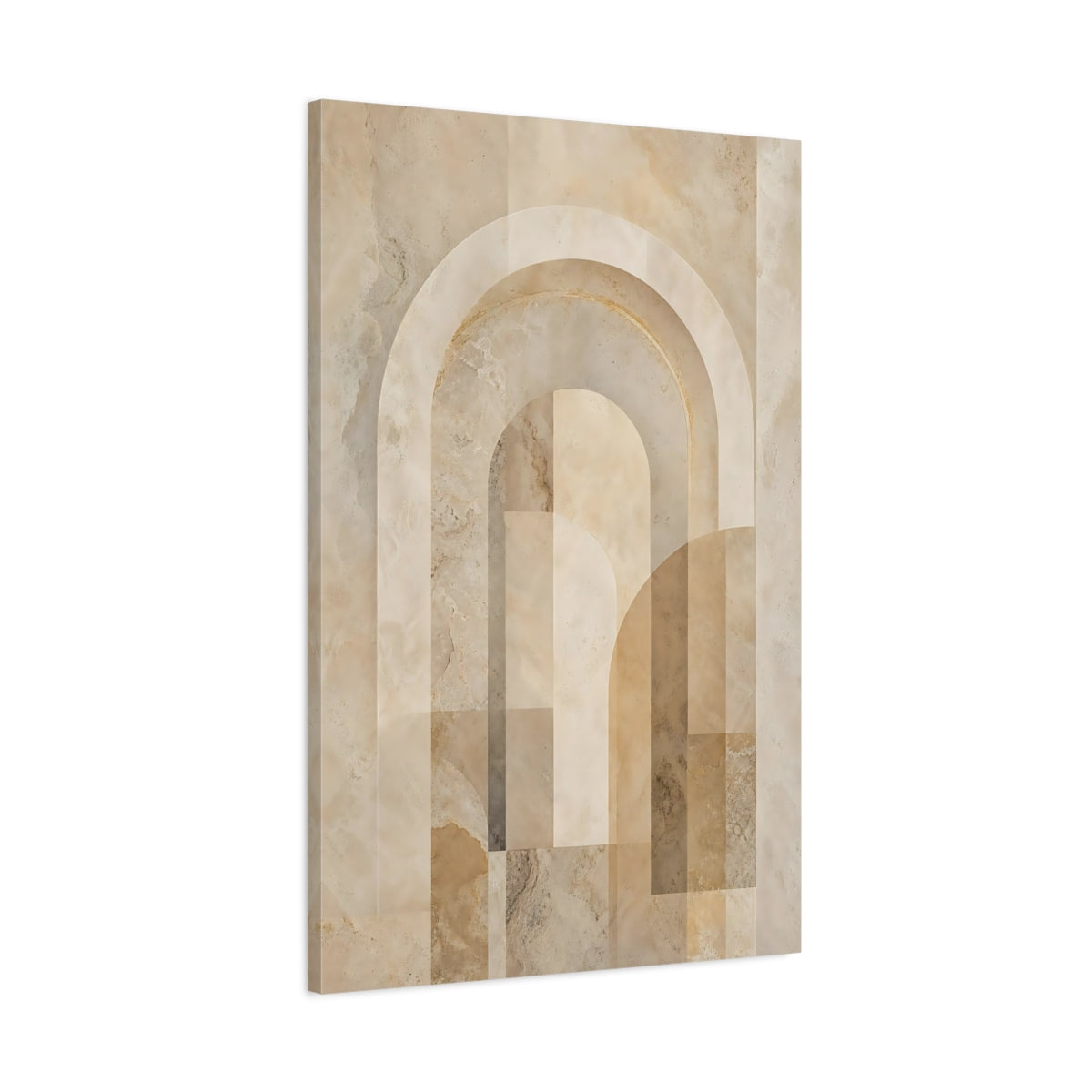 Main Mockup. Abstract Geometric Arches Beige And Brown shown as stretched canvas wall art