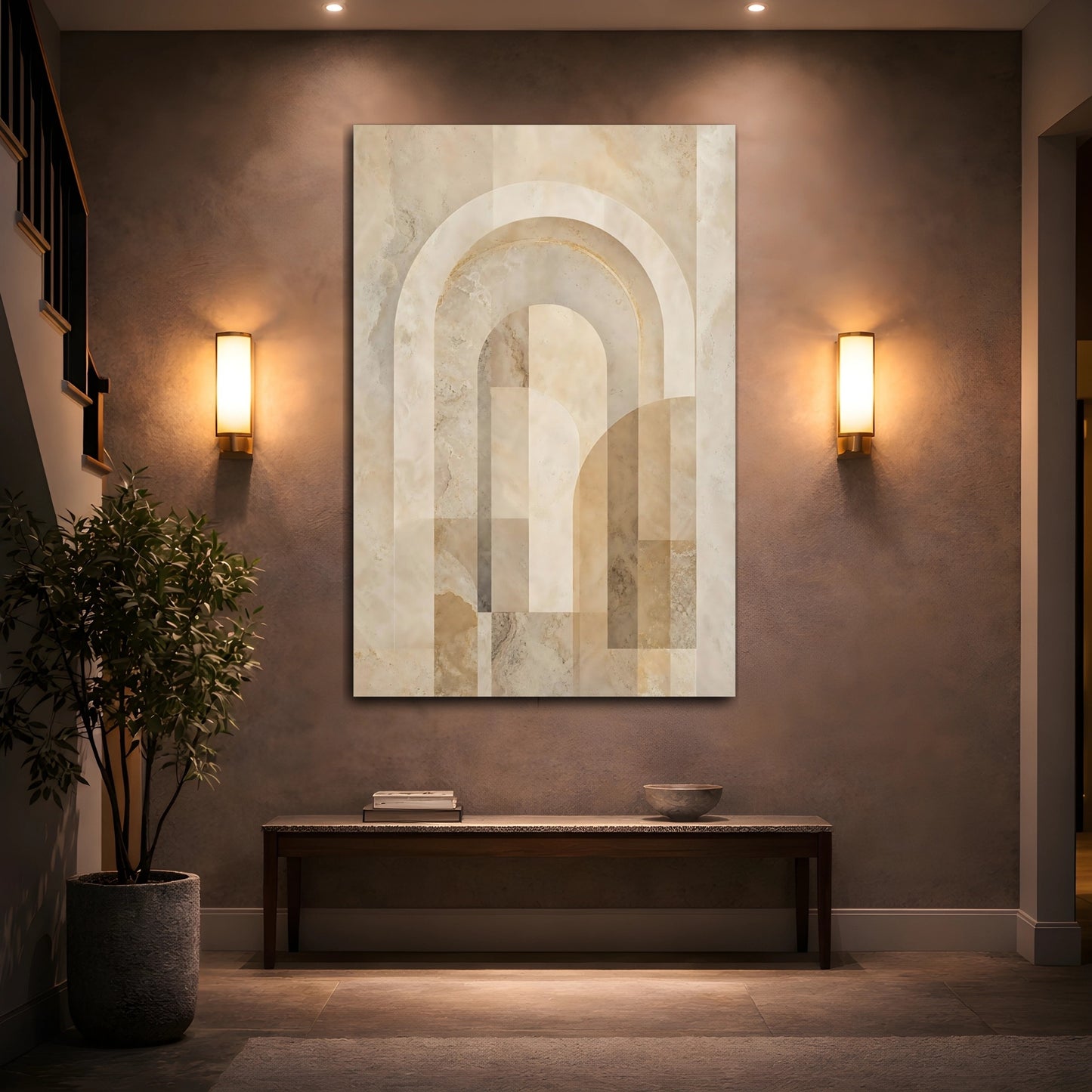 Mockup 2. Abstract Geometric Arches Beige And Brown shown as stretched canvas wall art