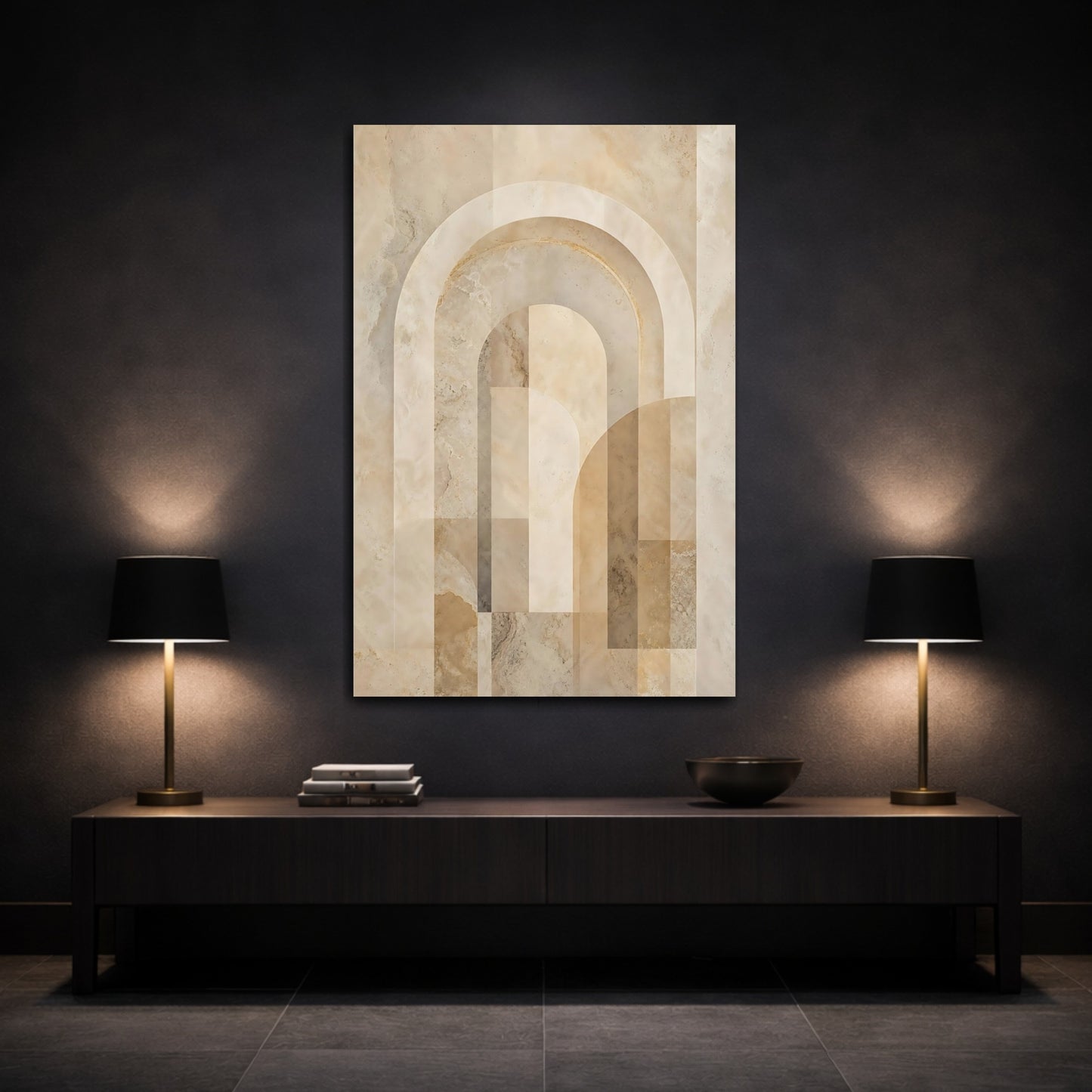 Mockup 3. Abstract Geometric Arches Beige And Brown shown as stretched canvas wall art