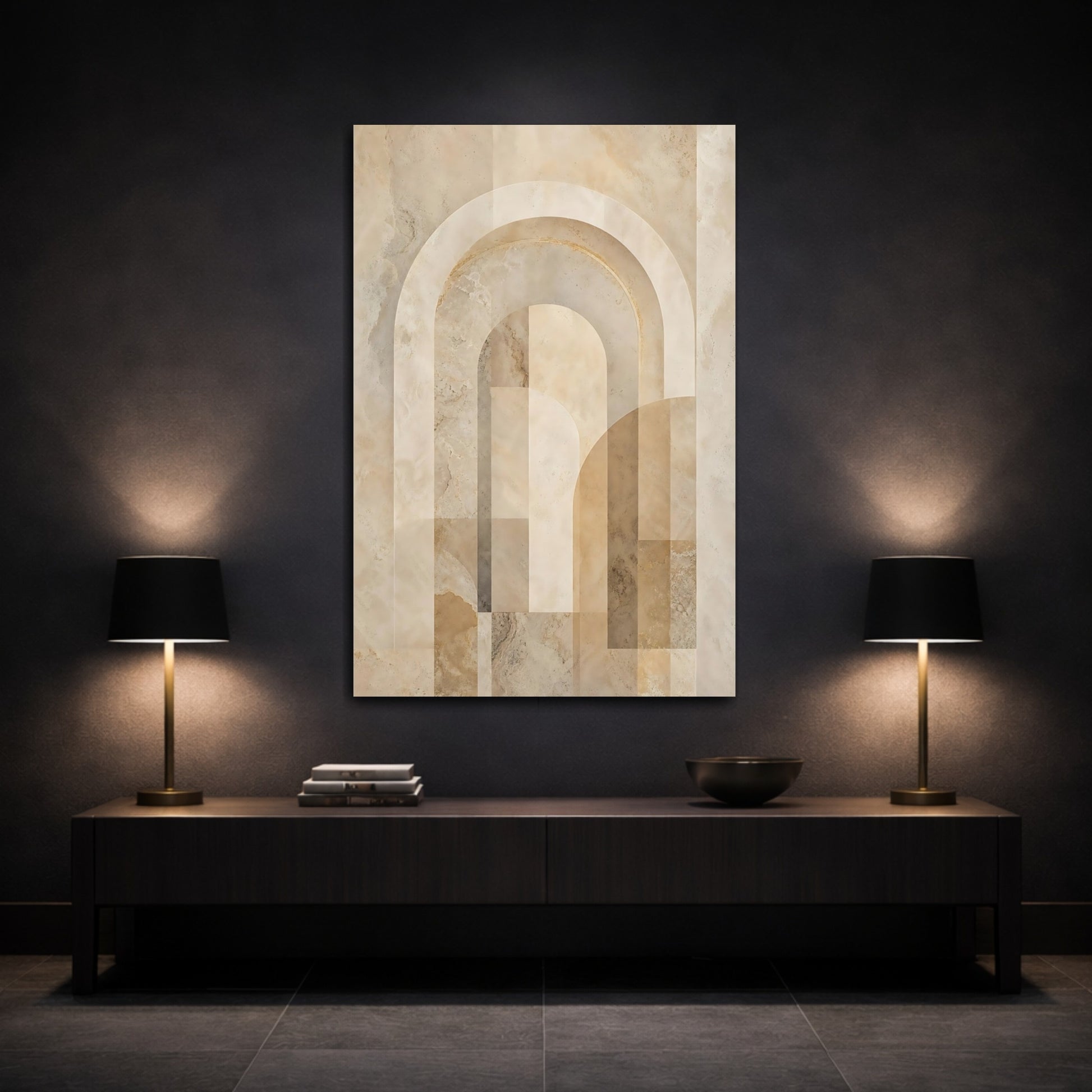 Mockup 3. Abstract Geometric Arches Beige And Brown shown as stretched canvas wall art