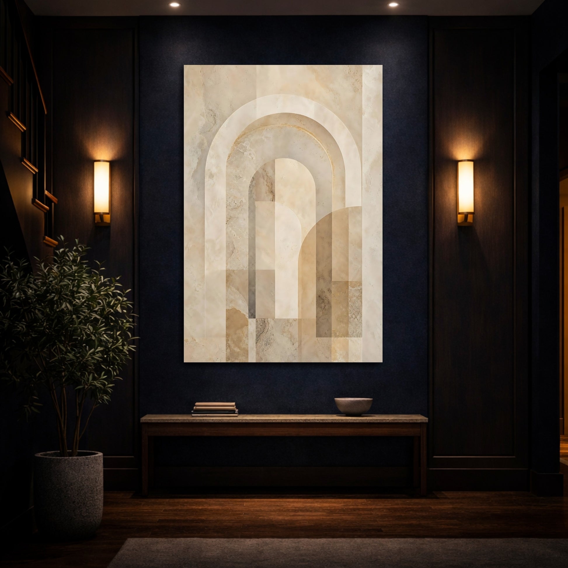 Mockup 4. Abstract Geometric Arches Beige And Brown shown as stretched canvas wall art