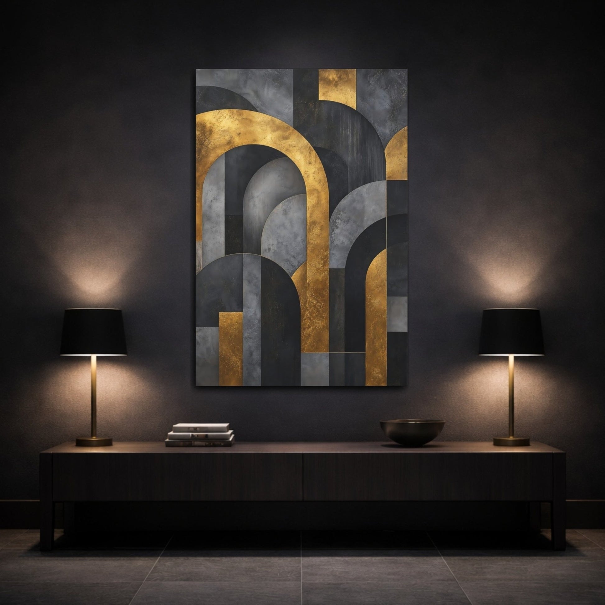 Abstract Geometric Arches Gold And Gray Canvas Wall Art Print – Modern Living Room, Above Fireplace - YesArtYes