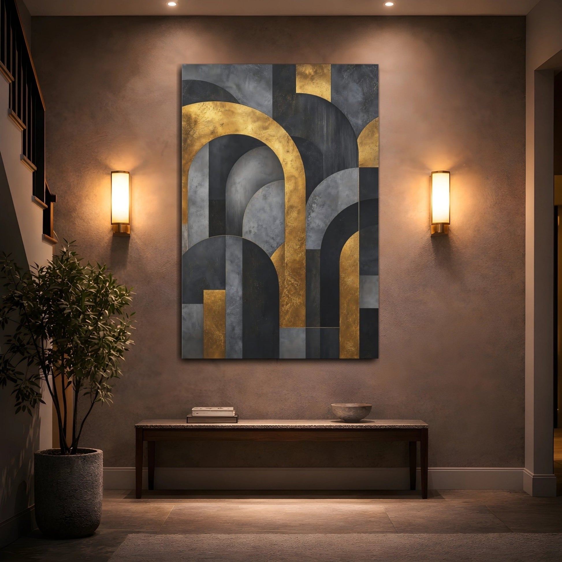 Abstract Geometric Arches Gold And Gray Canvas Wall Art Print – Modern Living Room, Above Fireplace - YesArtYes