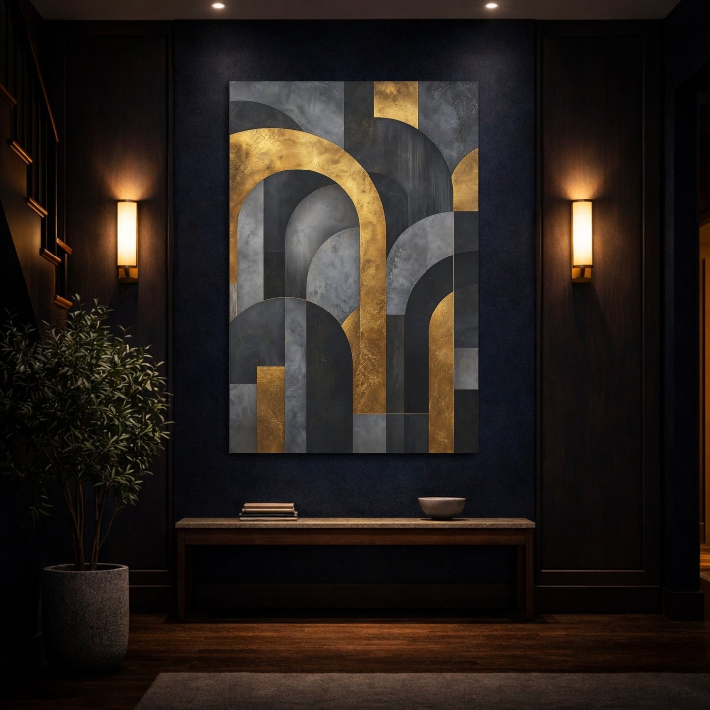 Abstract Geometric Arches Gold And Gray Canvas Wall Art Print – Modern Living Room, Above Fireplace - YesArtYes