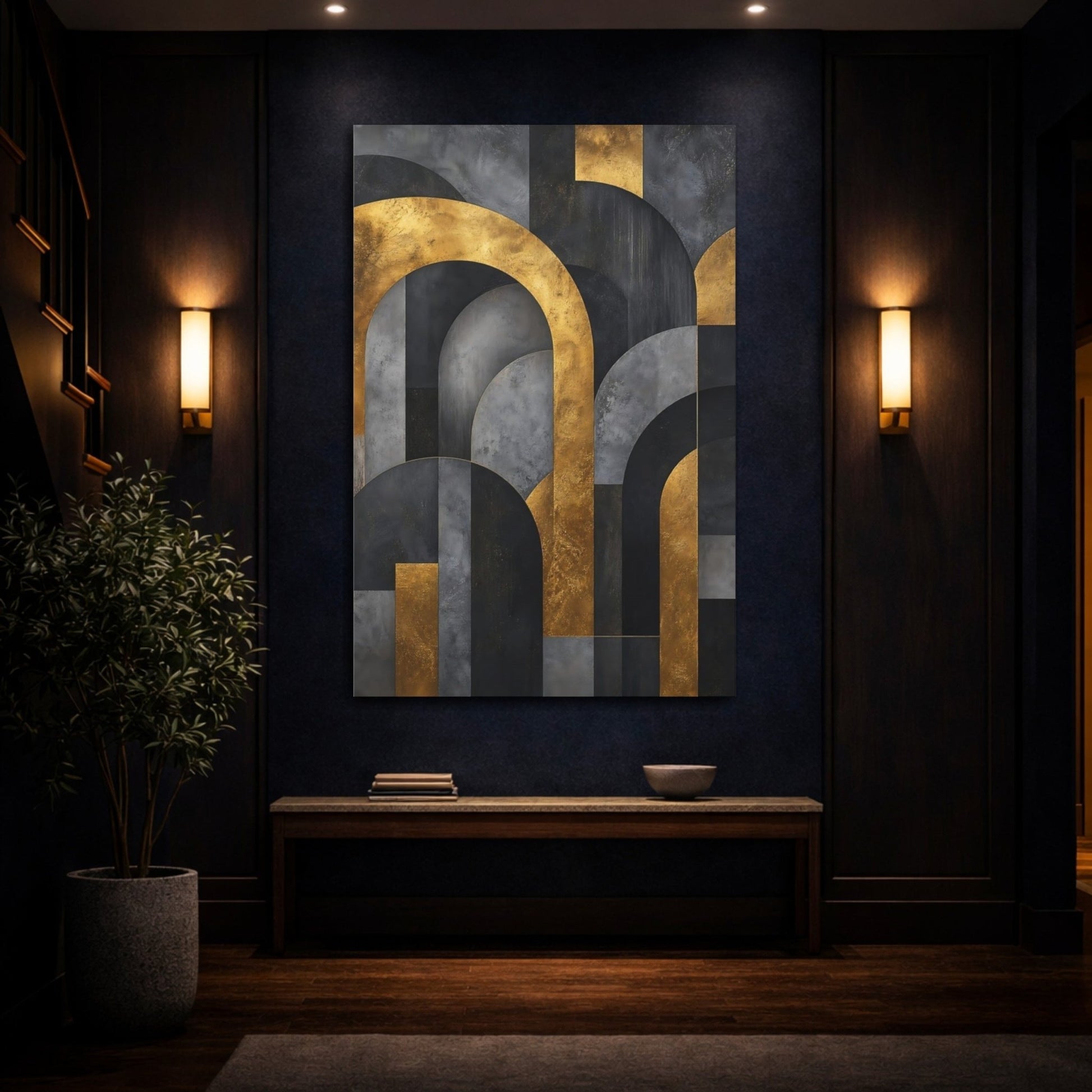 Abstract Geometric Arches Gold And Gray Canvas Wall Art Print – Modern Living Room, Above Fireplace - YesArtYes