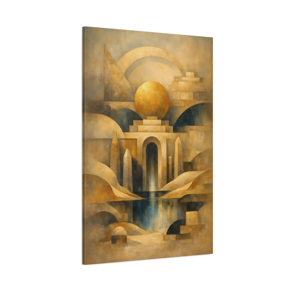 Main Mockup. Abstract Geometric Architecture Gold And Blue shown as stretched canvas wall art