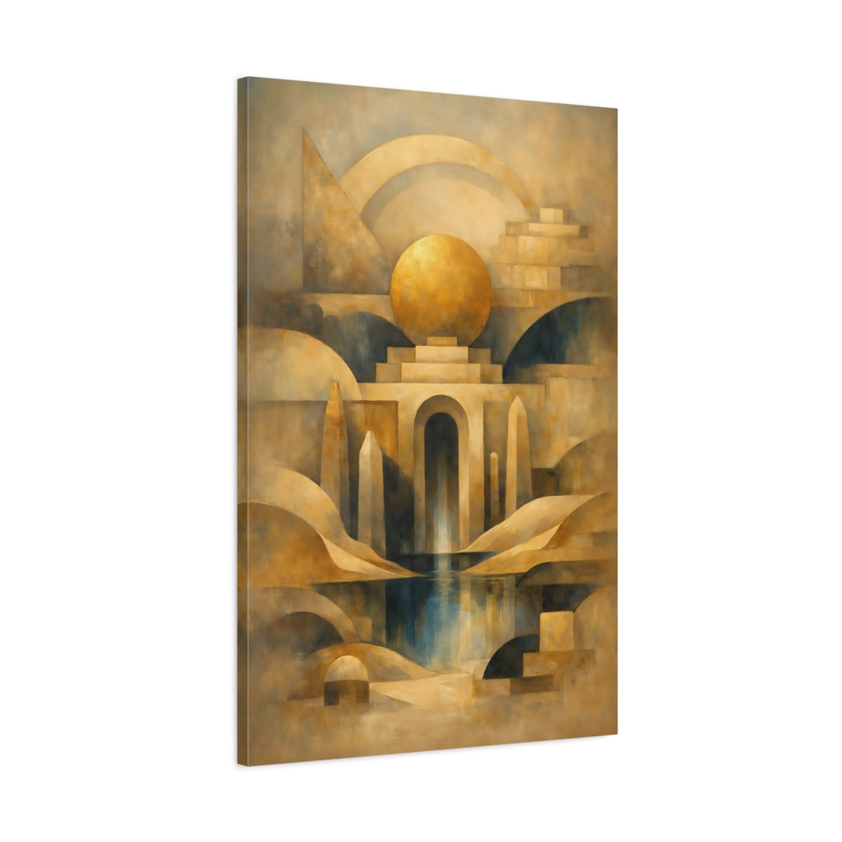 Side Mockup 1. Abstract Geometric Architecture Gold And Blue shown as stretched canvas wall art