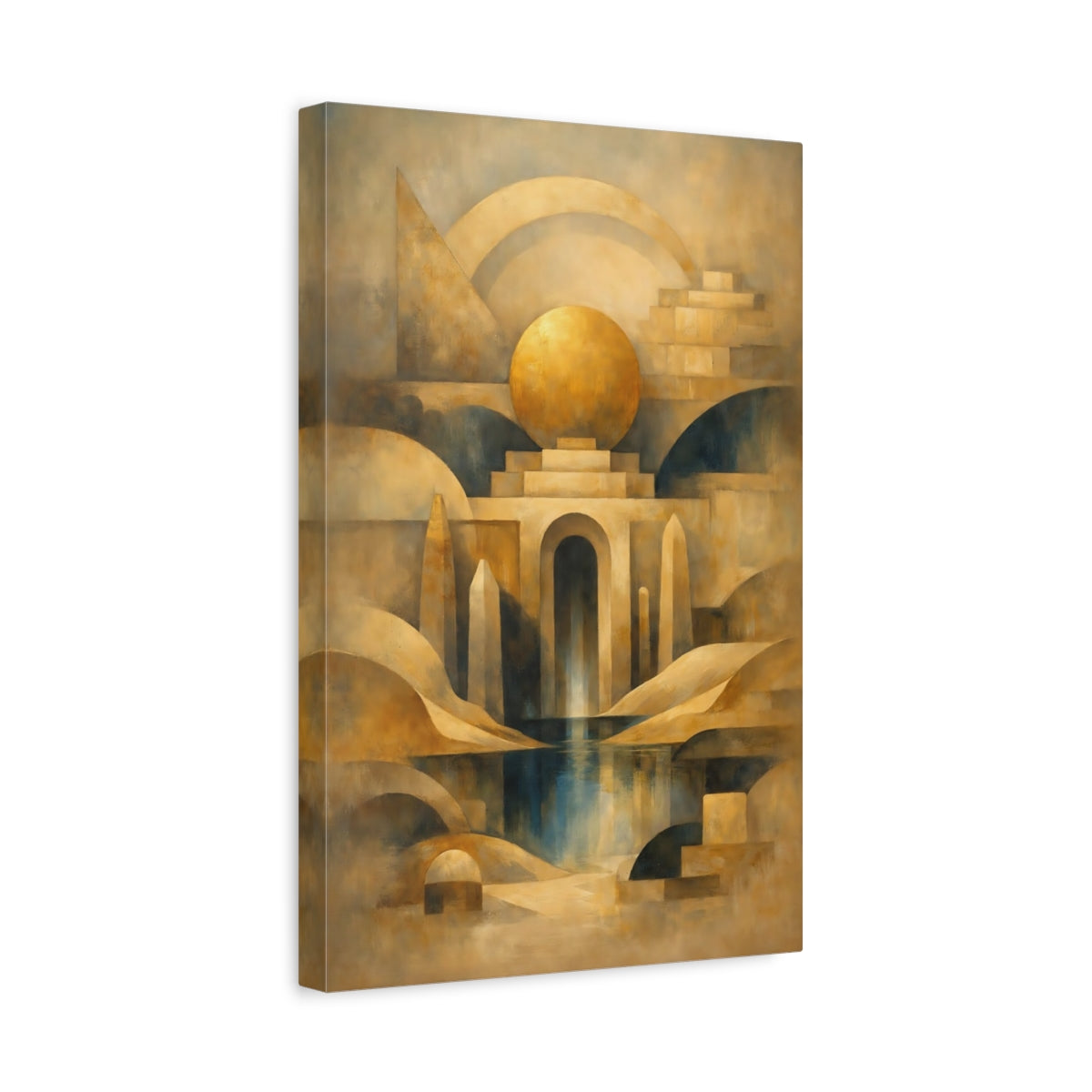 Side Mockup 4. Abstract Geometric Architecture Gold And Blue shown as stretched canvas wall art