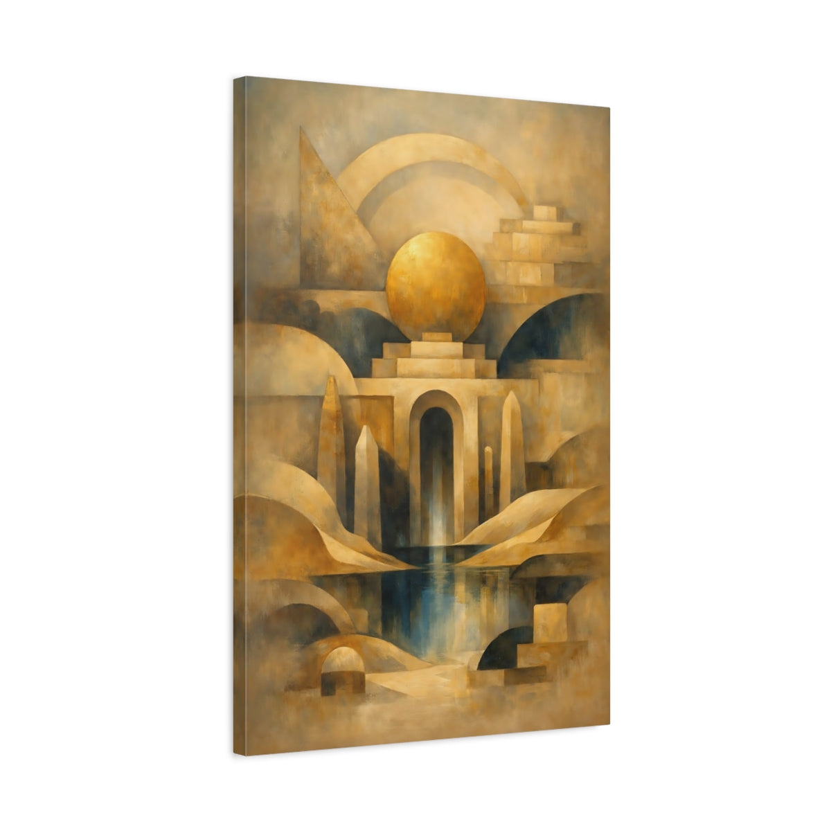 Side Mockup 2. Abstract Geometric Architecture Gold And Blue shown as stretched canvas wall art