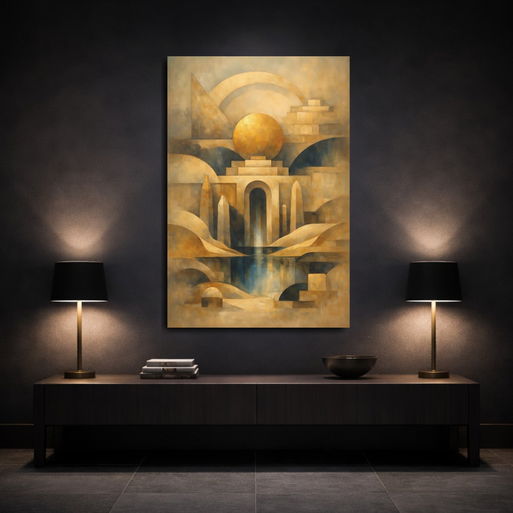 Mockup 2. Abstract Geometric Architecture Gold And Blue shown as stretched canvas wall art