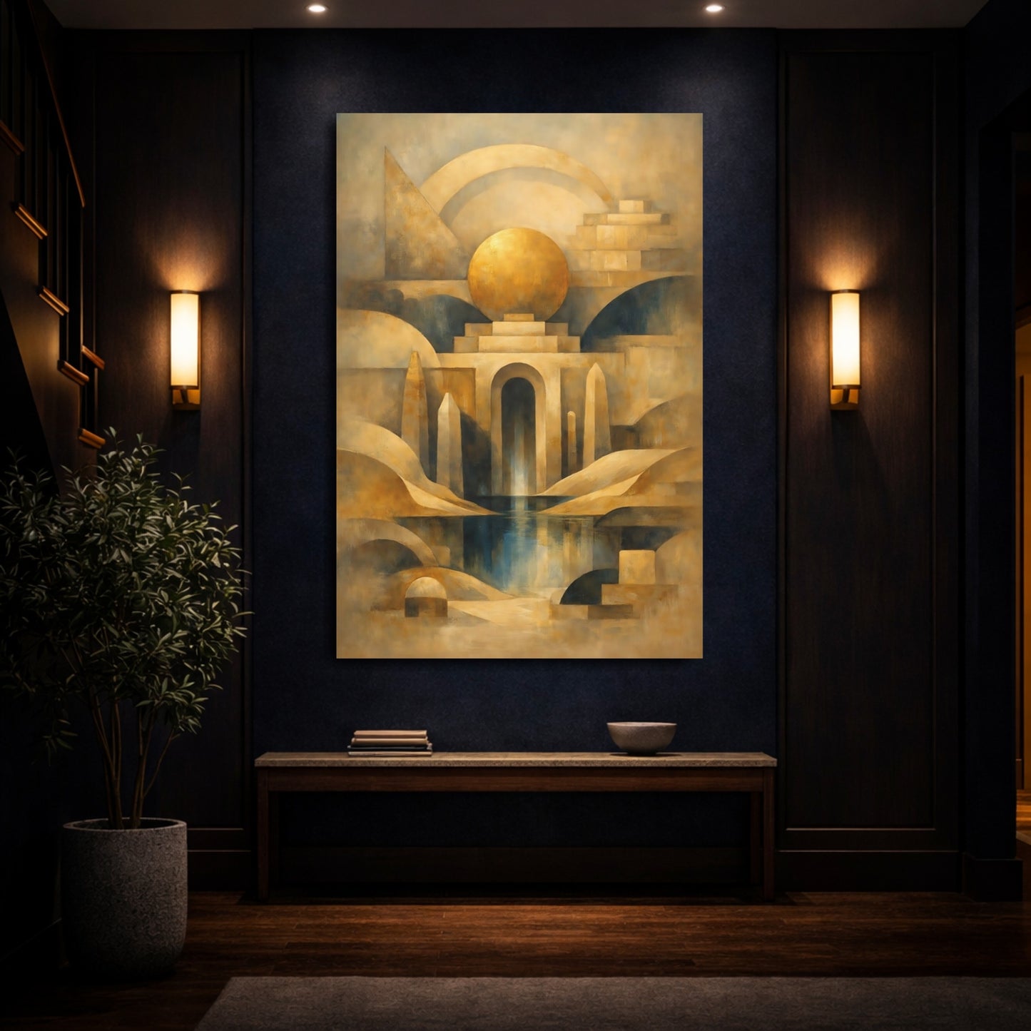 Mockup 3. Abstract Geometric Architecture Gold And Blue shown as stretched canvas wall art