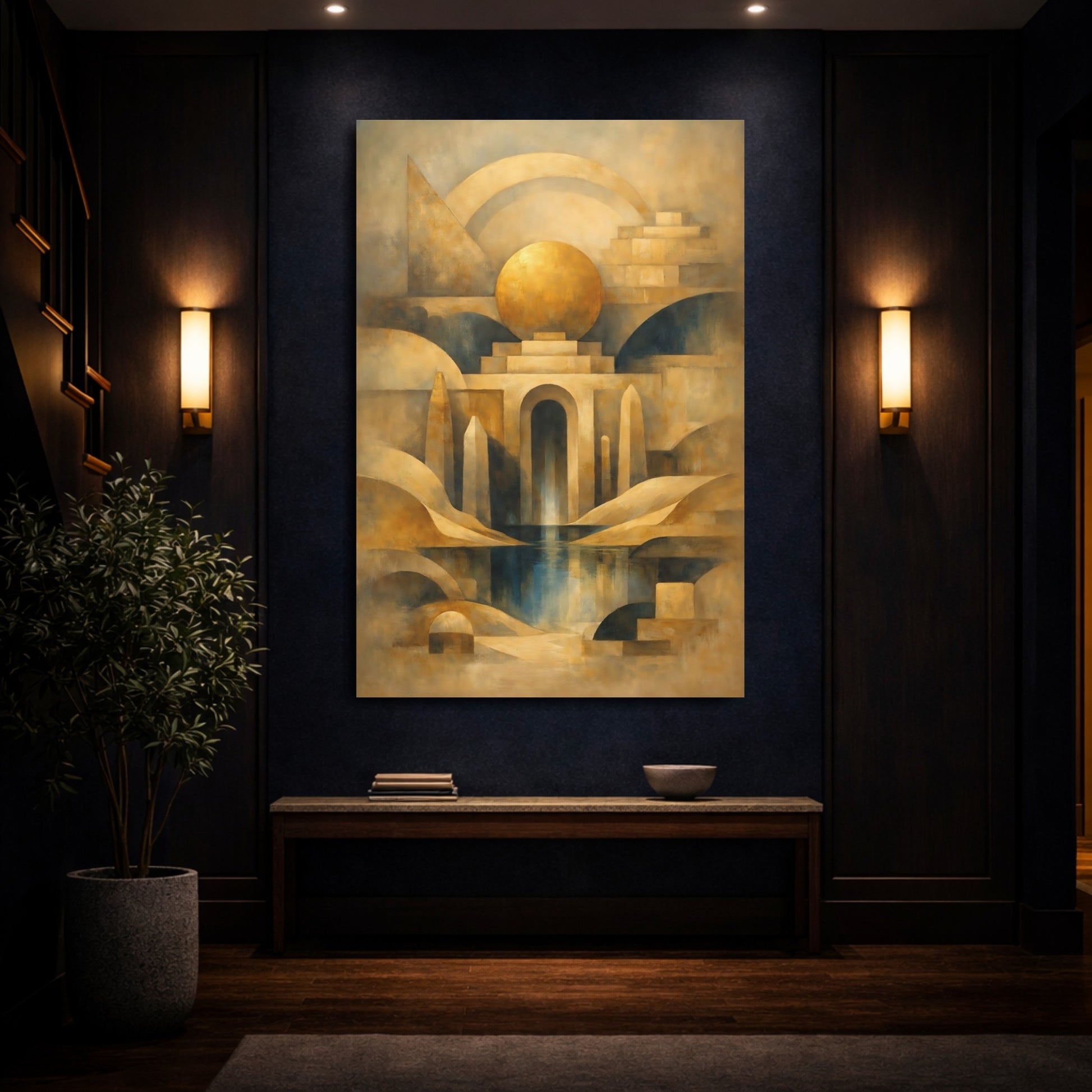 Mockup 3. Abstract Geometric Architecture Gold And Blue shown as stretched canvas wall art