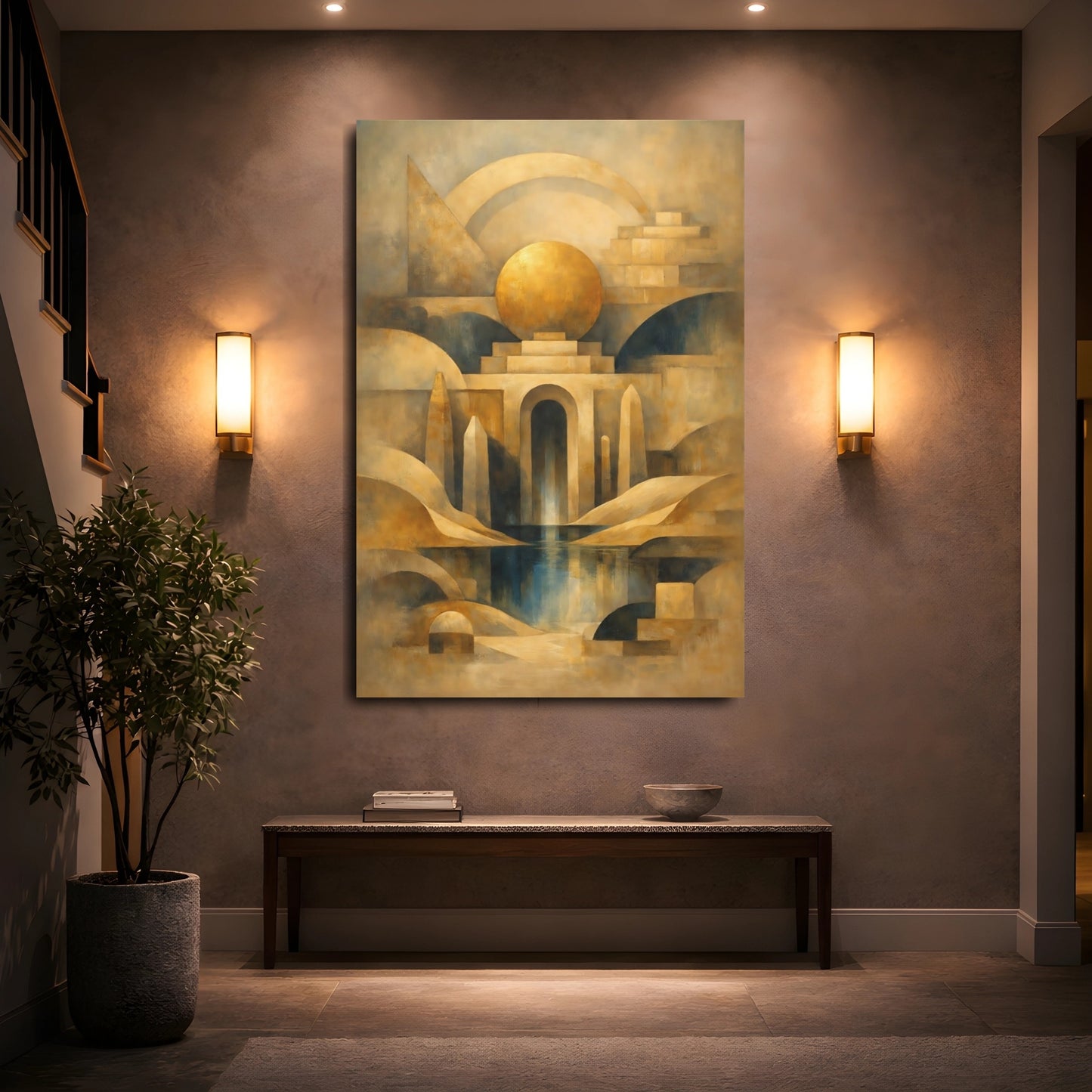 Mockup 4. Abstract Geometric Architecture Gold And Blue shown as stretched canvas wall art