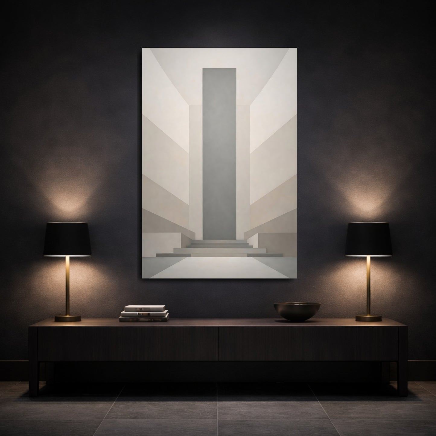 Mockup 2. Abstract Geometric Architecture Grey Beige Architecture shown as stretched canvas wall art