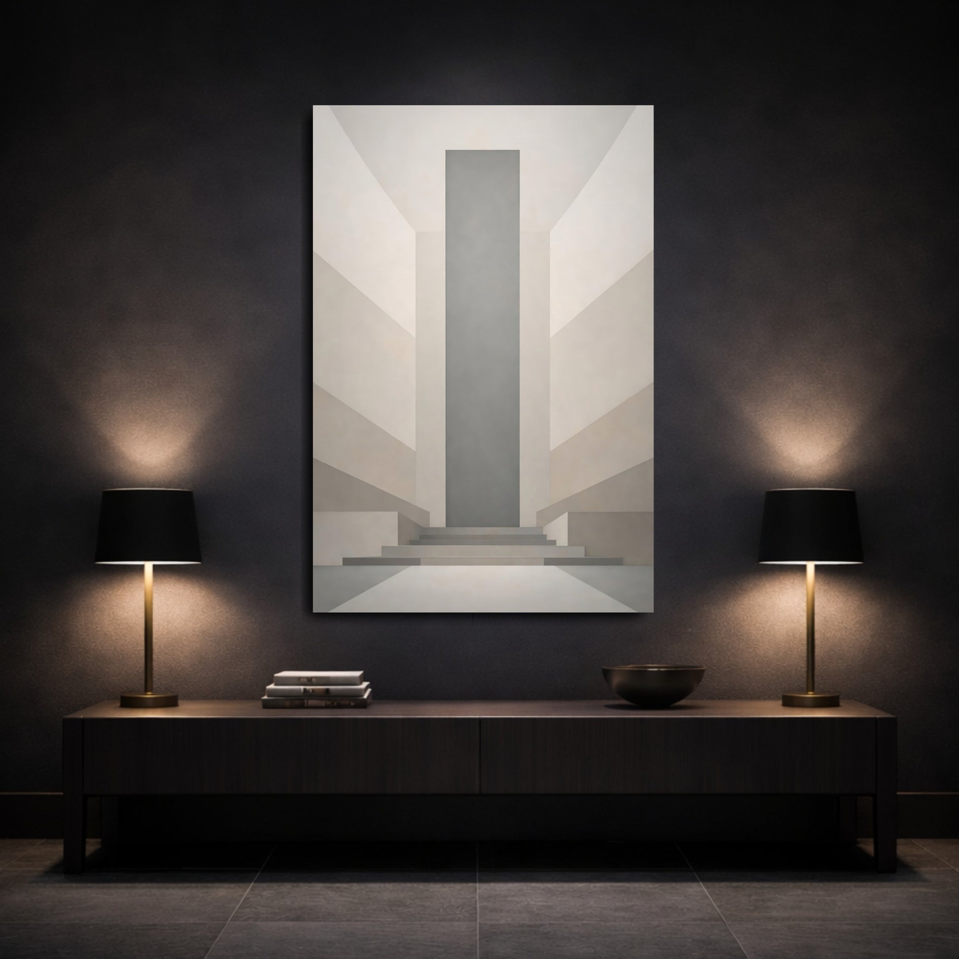 Mockup 2. Abstract Geometric Architecture Grey Beige Architecture shown as stretched canvas wall art