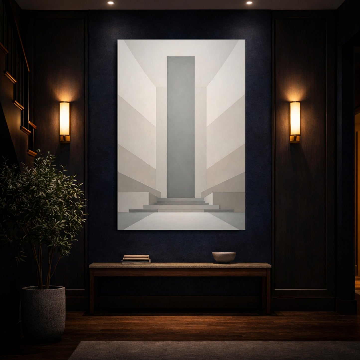 Mockup 3. Abstract Geometric Architecture Grey Beige Architecture shown as stretched canvas wall art
