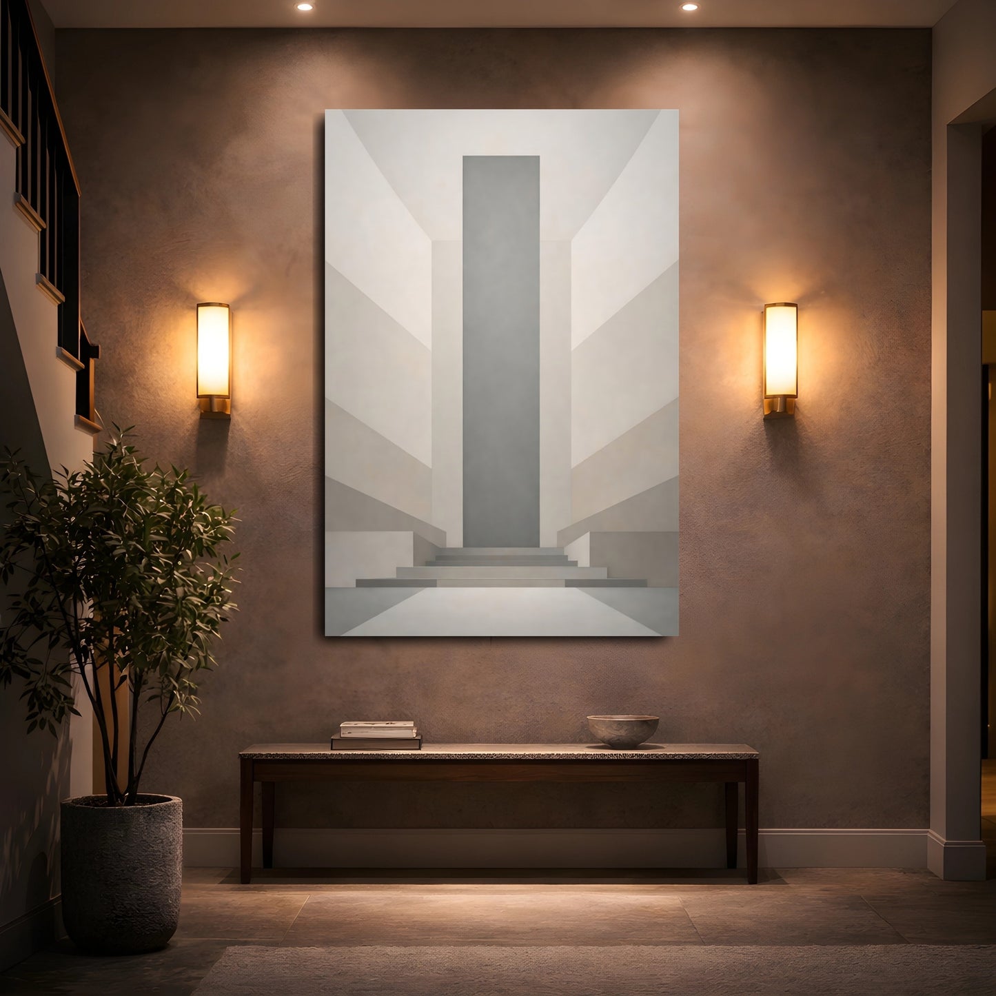 Mockup 4. Abstract Geometric Architecture Grey Beige Architecture shown as stretched canvas wall art