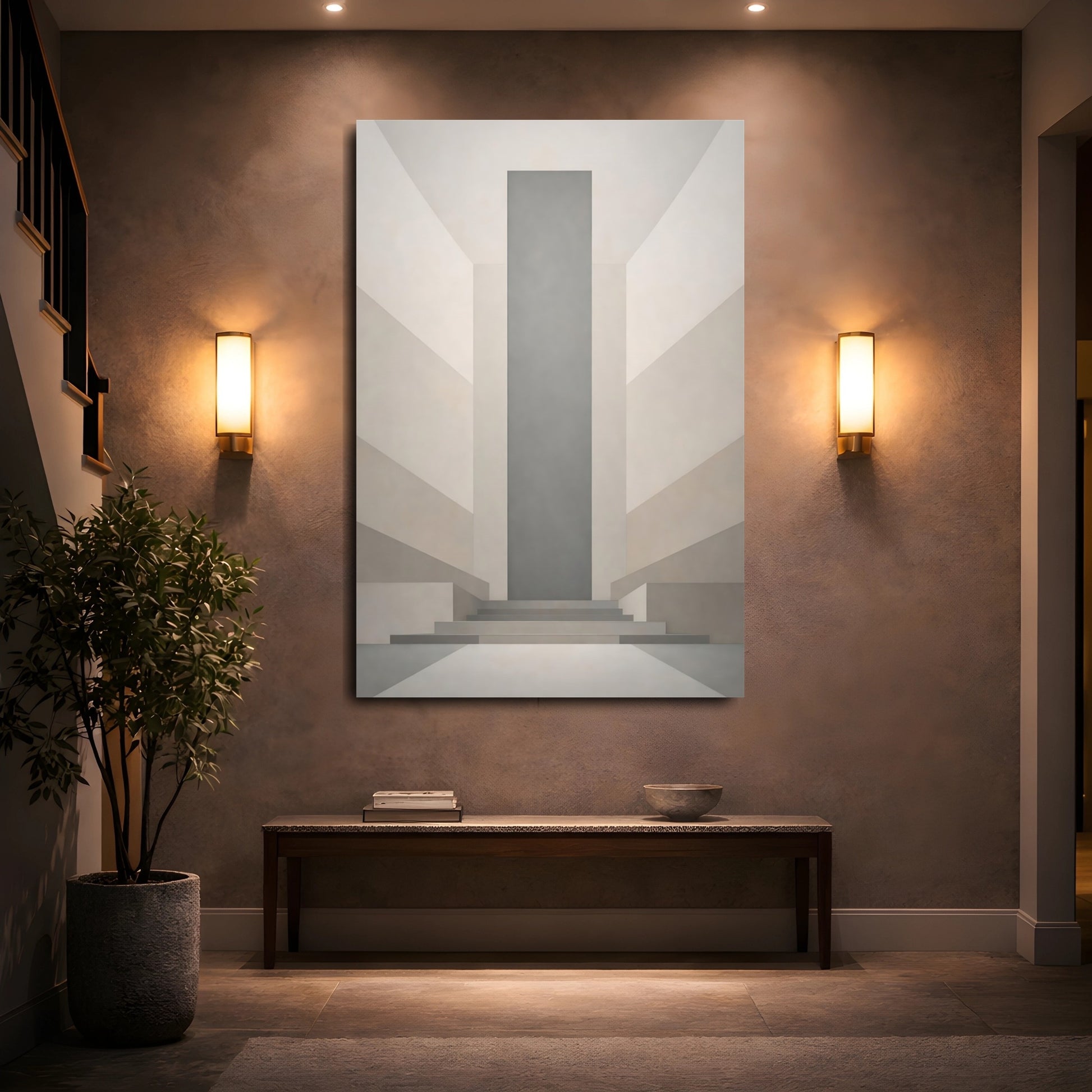 Mockup 4. Abstract Geometric Architecture Grey Beige Architecture shown as stretched canvas wall art