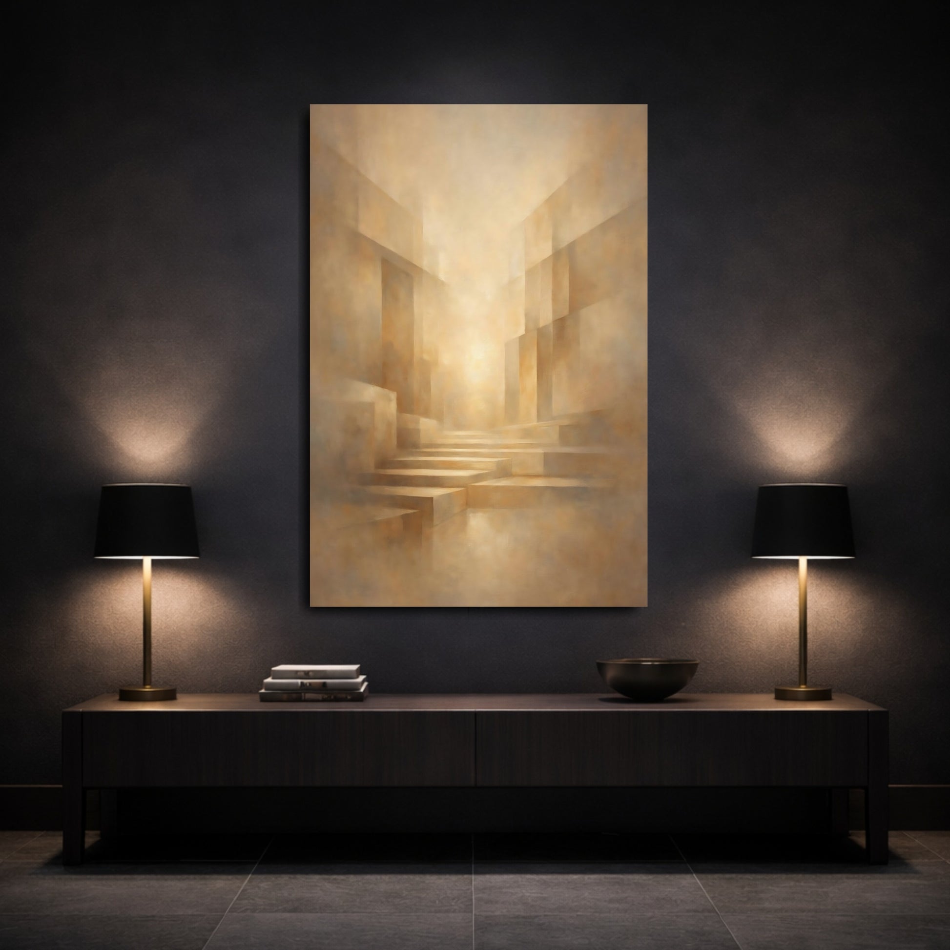 Mockup 2. Abstract Geometric Architecture Warm Abstract Architecture shown as stretched canvas wall art