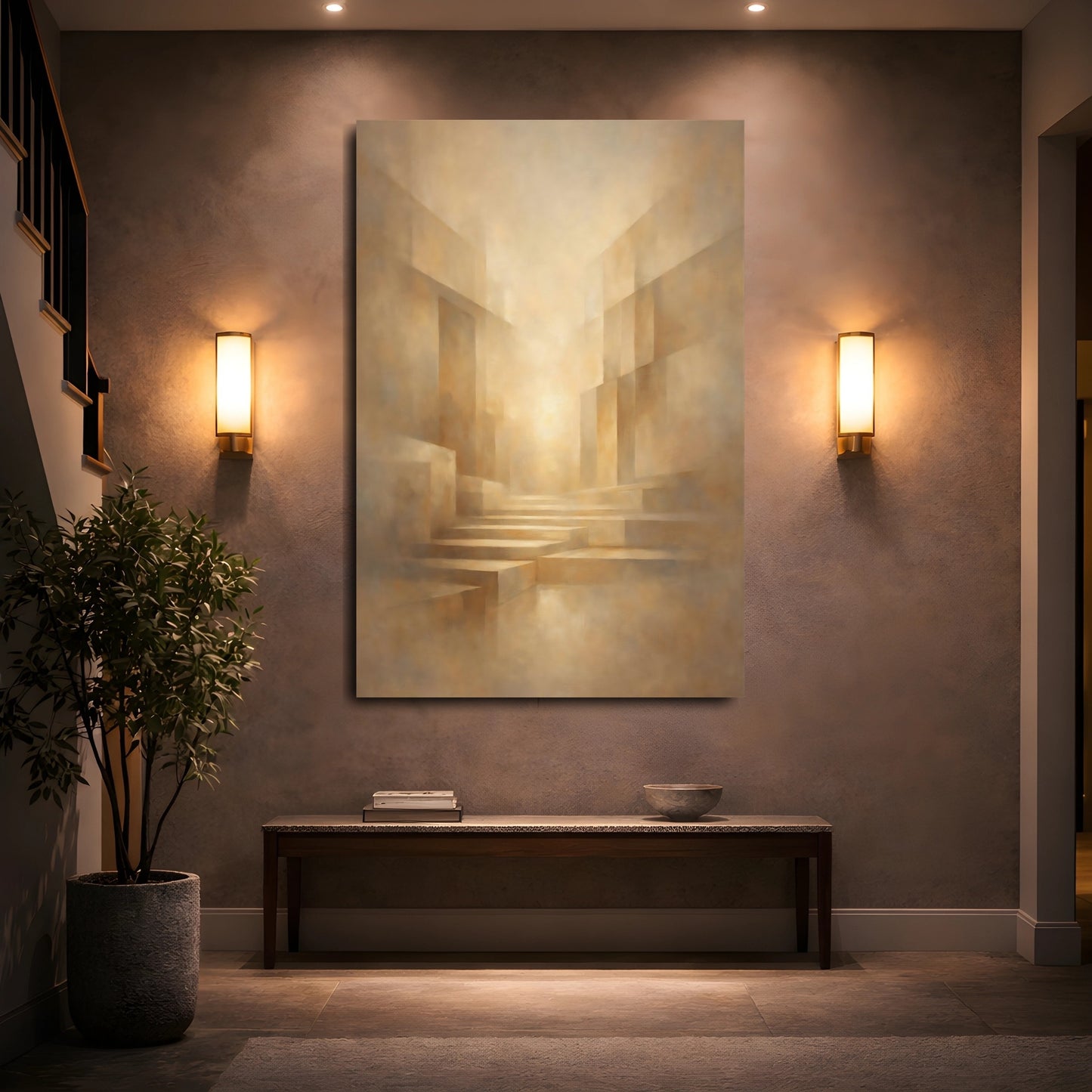Mockup 4. Abstract Geometric Architecture Warm Abstract Architecture shown as stretched canvas wall art