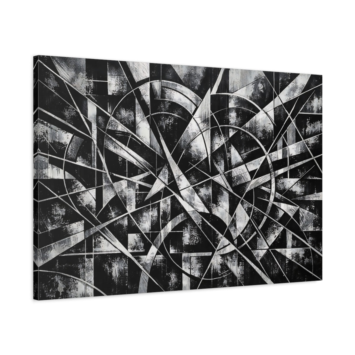 Side Mockup 1. Abstract Geometric Abstract Black And White shown as stretched canvas wall art