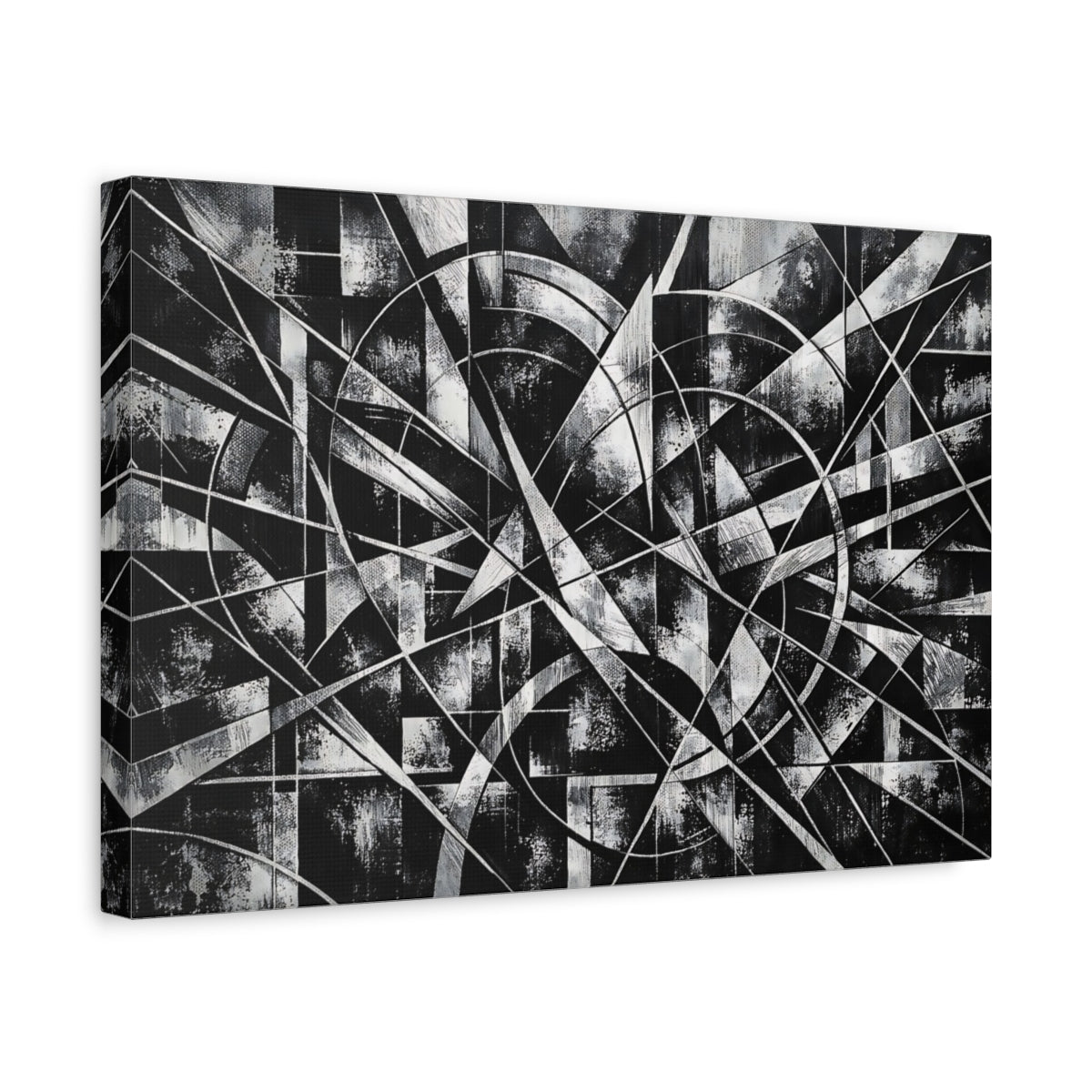 Side Mockup 4. Abstract Geometric Abstract Black And White shown as stretched canvas wall art