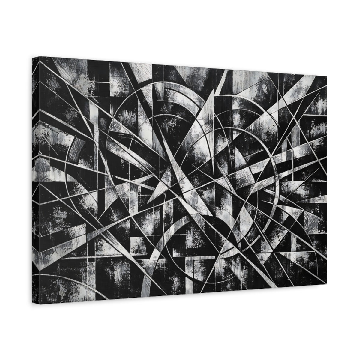 Side Mockup 3. Abstract Geometric Abstract Black And White shown as stretched canvas wall art
