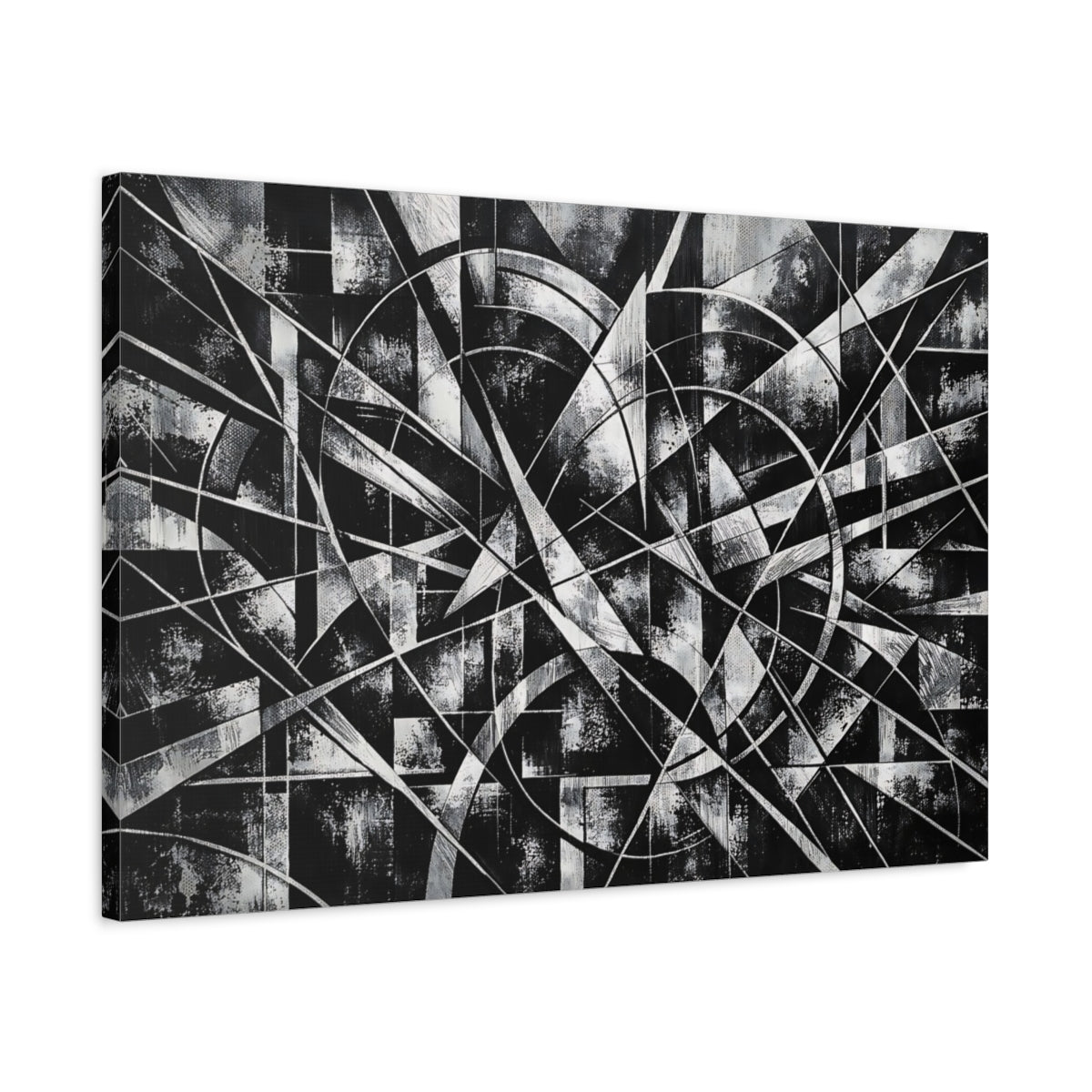 Side Mockup 2. Abstract Geometric Abstract Black And White shown as stretched canvas wall art
