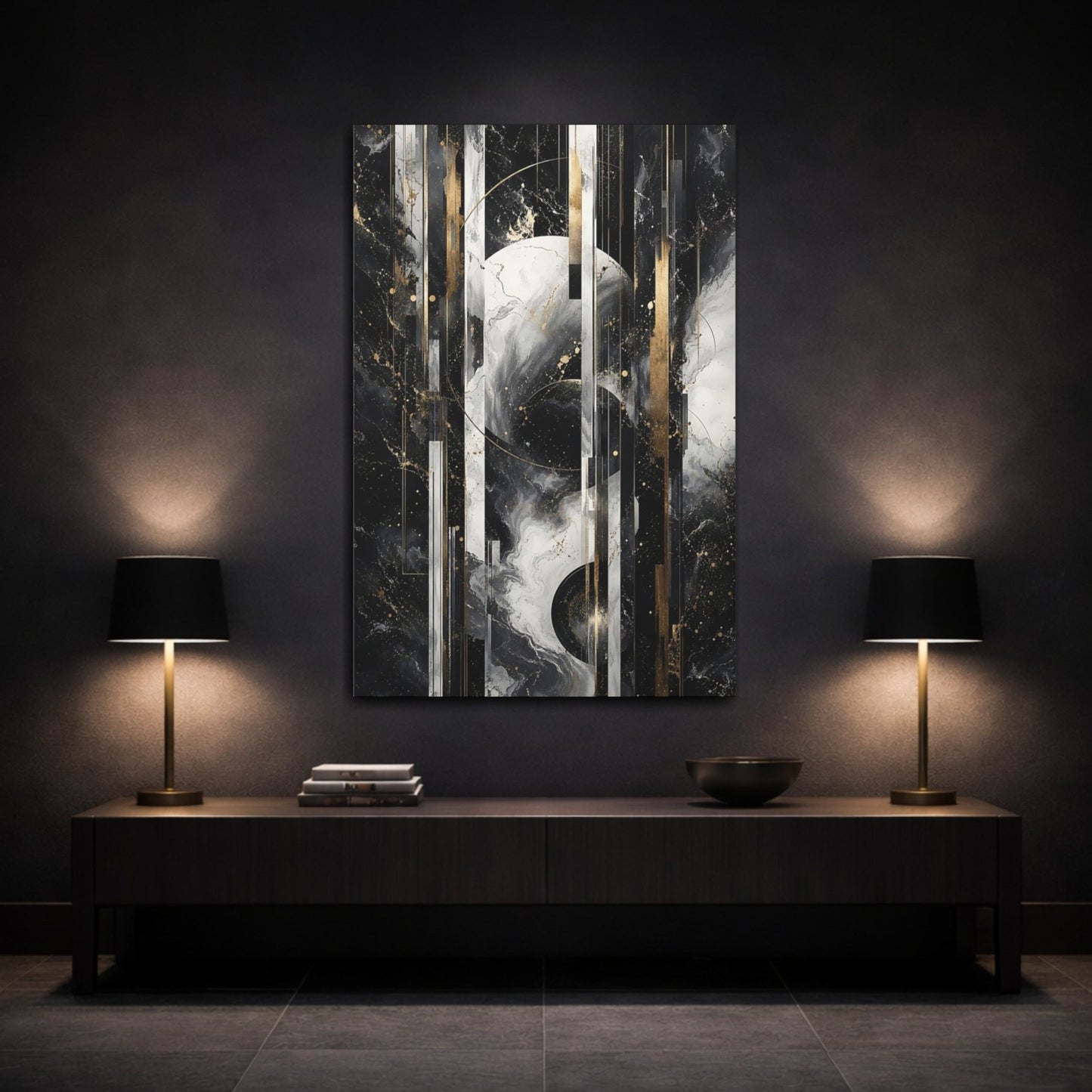 Abstract Geometric Black White Gold Canvas Print – Living Room, Above Sofa - YesArtYes
