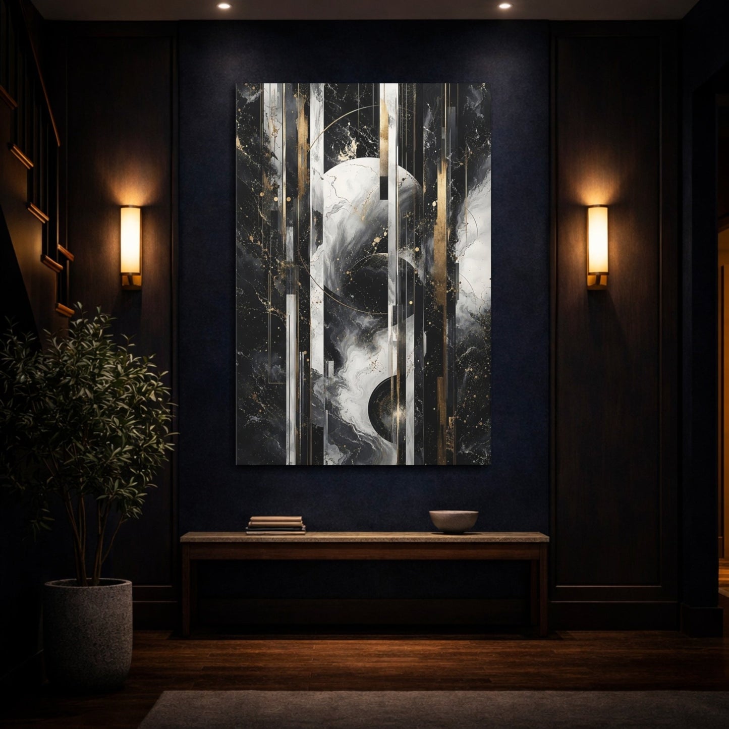 Abstract Geometric Black White Gold Canvas Print – Living Room, Above Sofa - YesArtYes