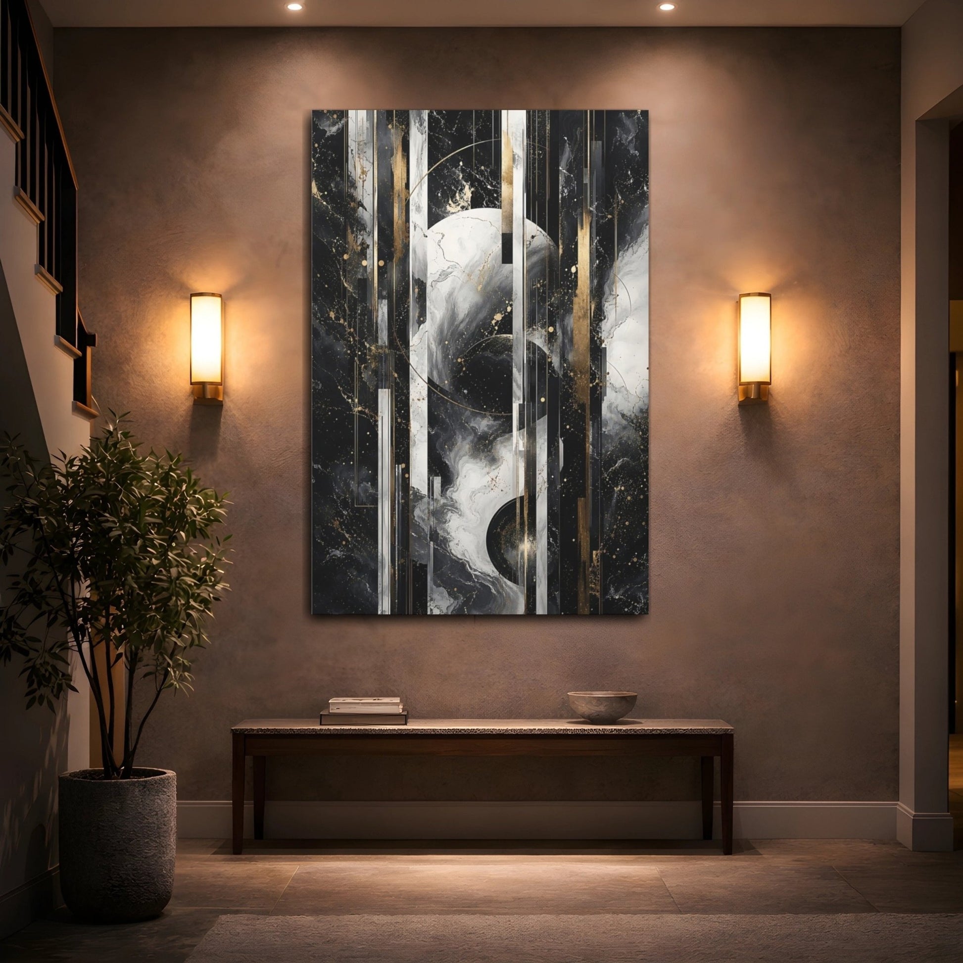 Abstract Geometric Black White Gold Canvas Print – Living Room, Above Sofa - YesArtYes