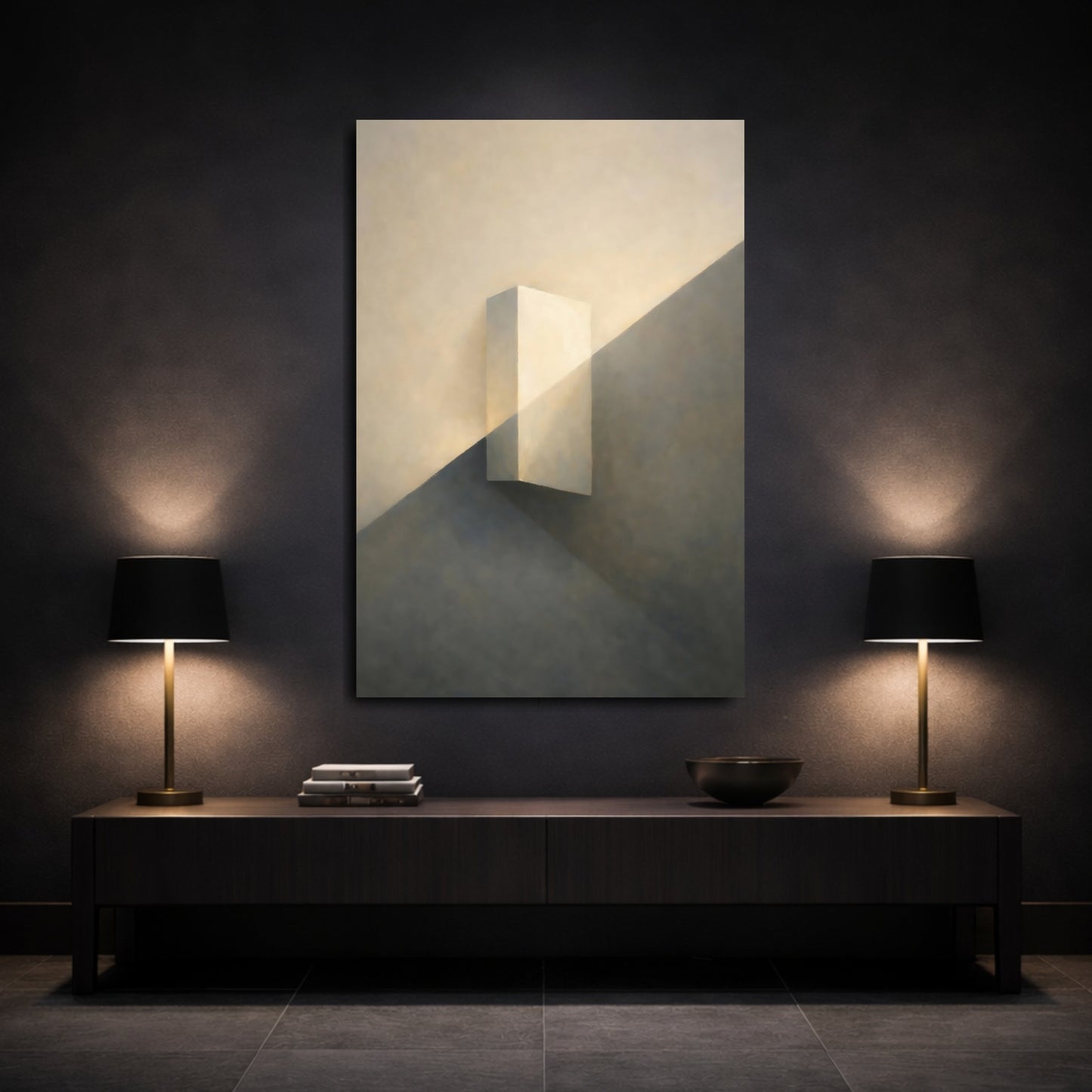Mockup 2. Abstract Geometric Block Cream And Grey shown as stretched canvas wall art