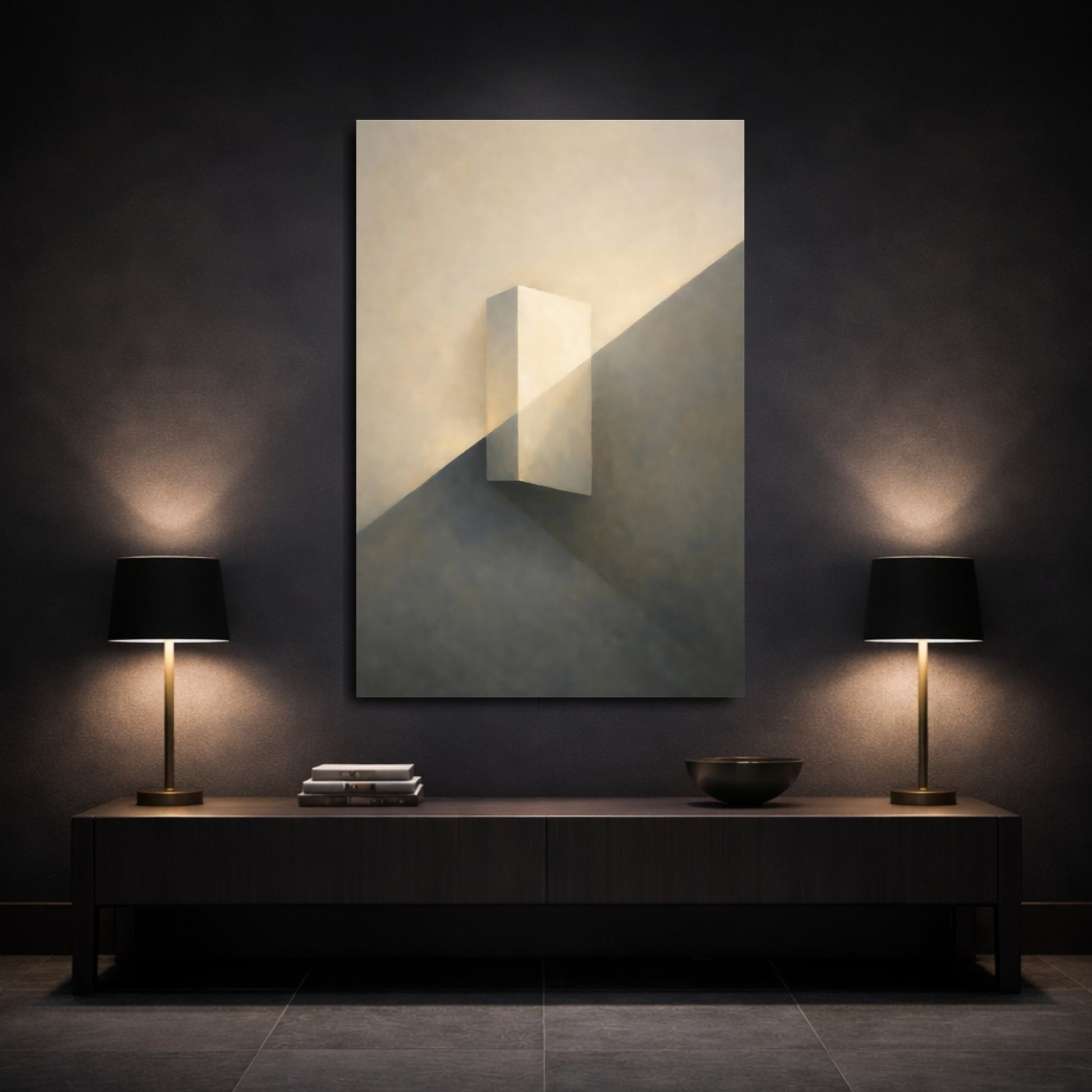 Mockup 2. Abstract Geometric Block Cream And Grey shown as stretched canvas wall art