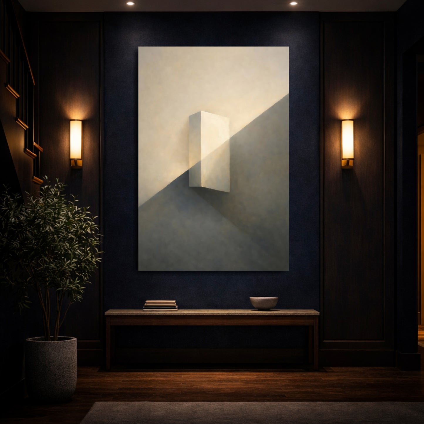 Mockup 3. Abstract Geometric Block Cream And Grey shown as stretched canvas wall art