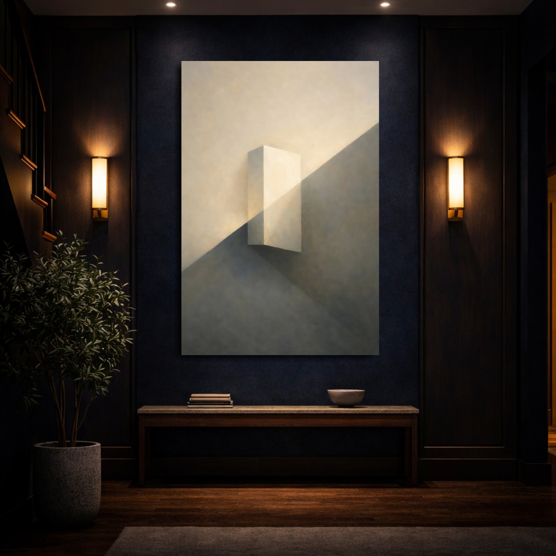 Mockup 3. Abstract Geometric Block Cream And Grey shown as stretched canvas wall art