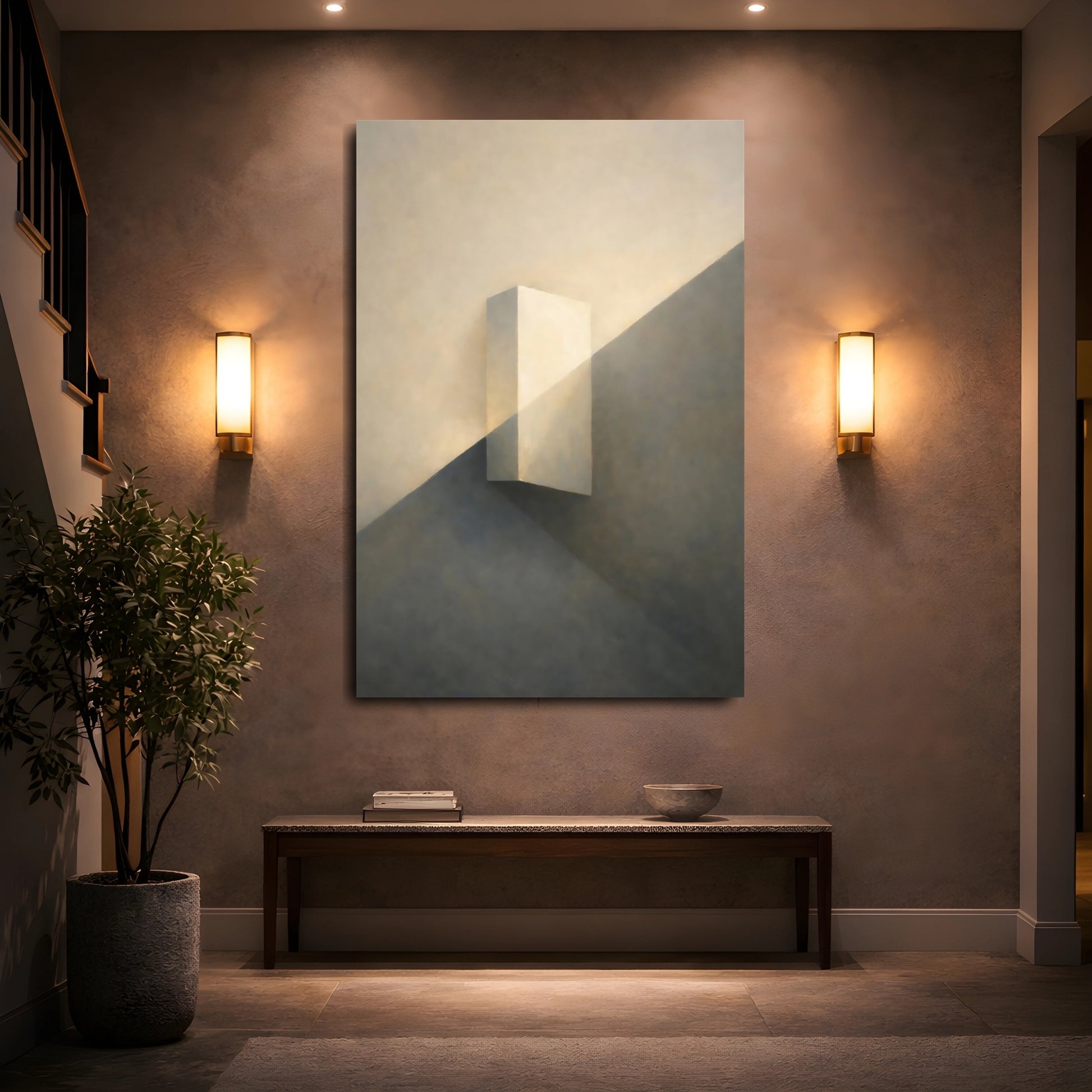 Mockup 4. Abstract Geometric Block Cream And Grey shown as stretched canvas wall art