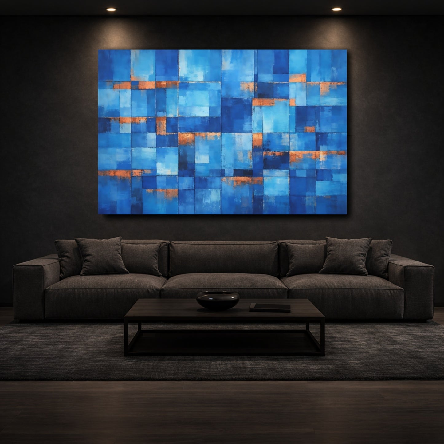Mockup 2. Abstract Geometric Blocks Blue Copper shown as stretched canvas wall art