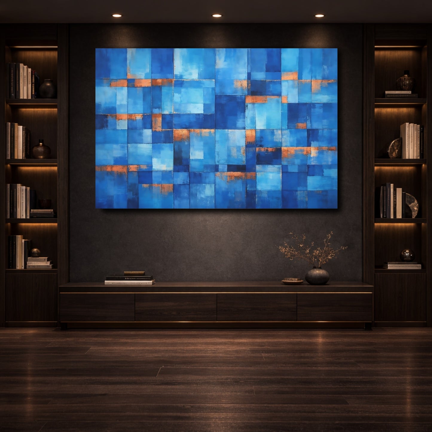 Mockup 3. Abstract Geometric Blocks Blue Copper shown as stretched canvas wall art