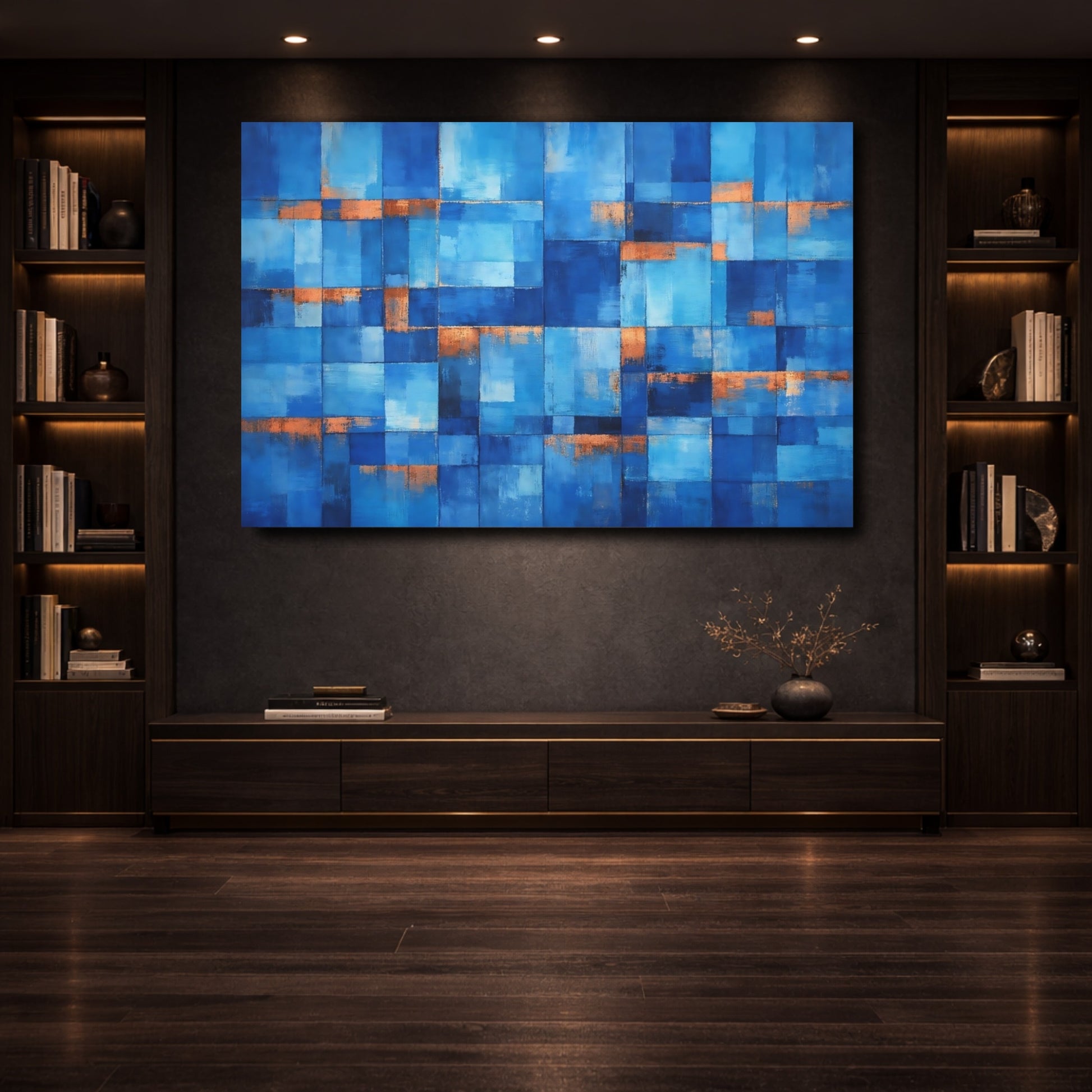 Mockup 3. Abstract Geometric Blocks Blue Copper shown as stretched canvas wall art