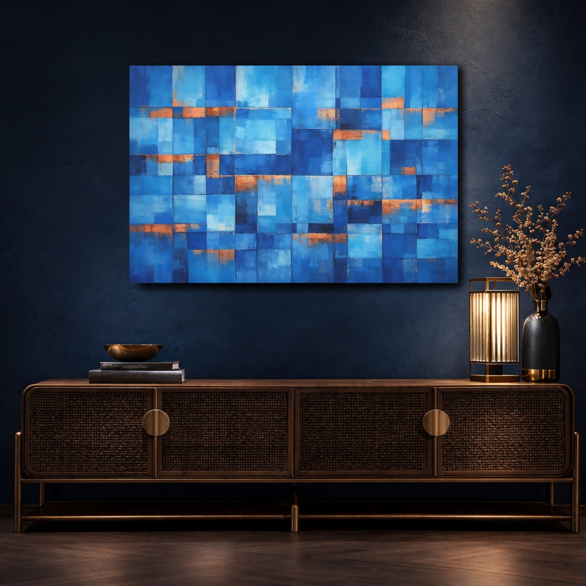 Mockup 4. Abstract Geometric Blocks Blue Copper shown as stretched canvas wall art