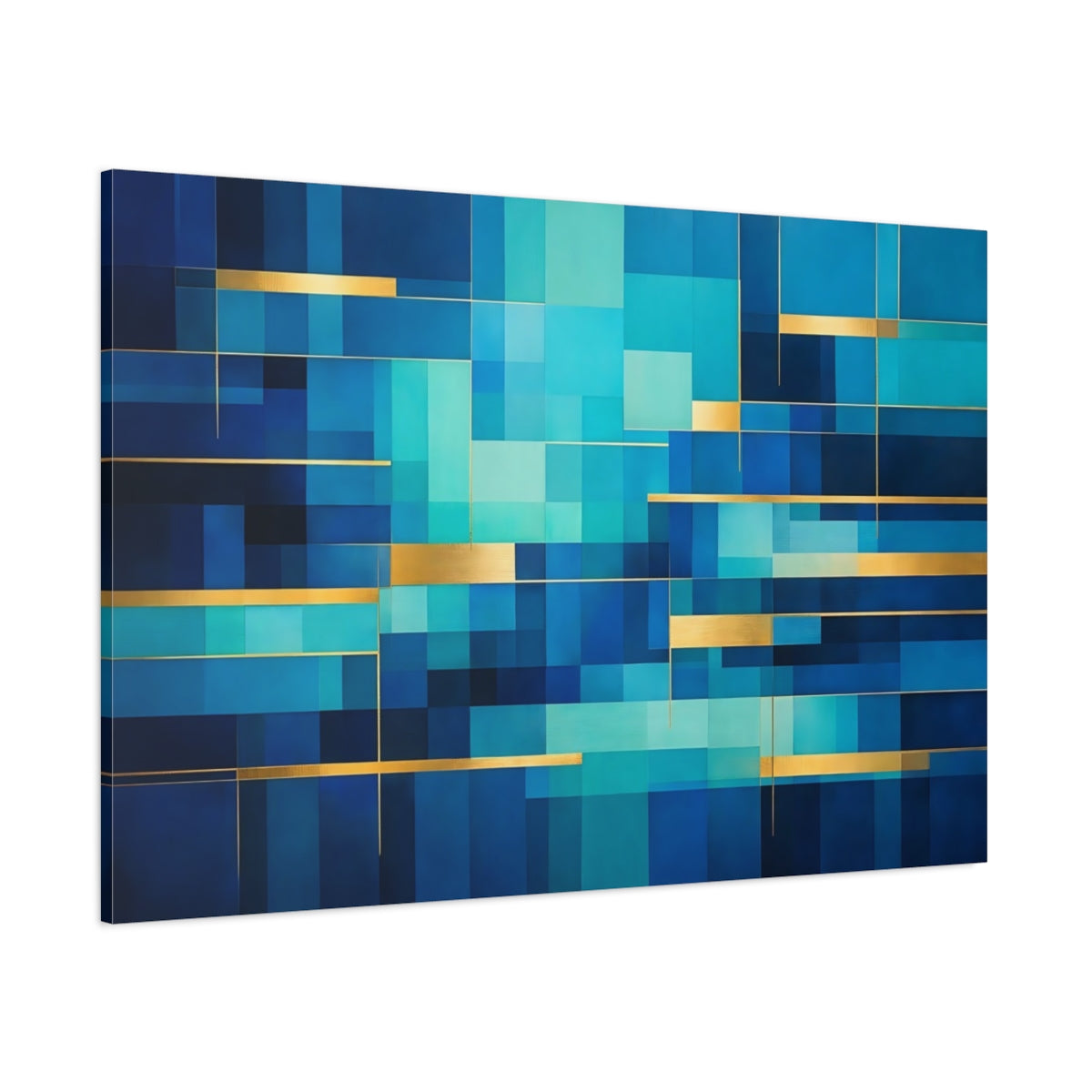 Main Mockup. Abstract Geometric Blocks Blue Gold Abstract shown as stretched canvas wall art