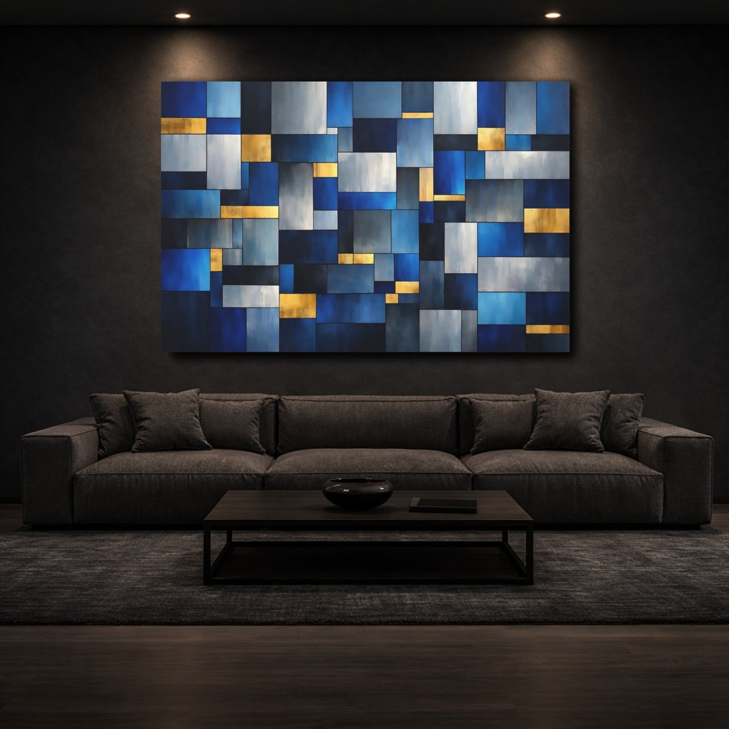 Mockup 2. Abstract Geometric Blocks Blue Gold Abstract shown as stretched canvas wall art