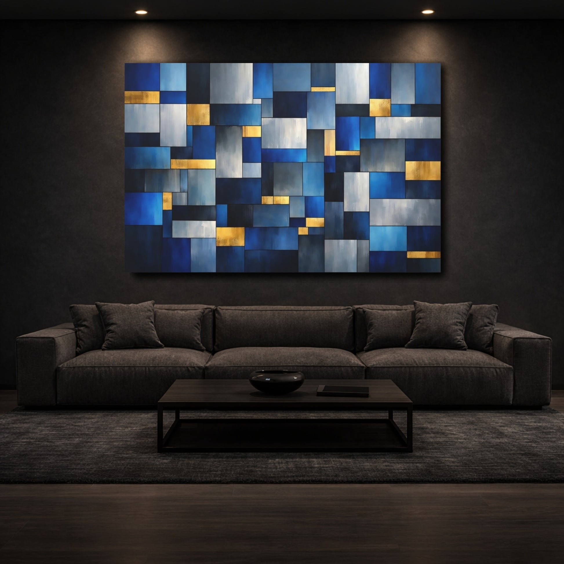 Mockup 2. Abstract Geometric Blocks Blue Gold Abstract shown as stretched canvas wall art