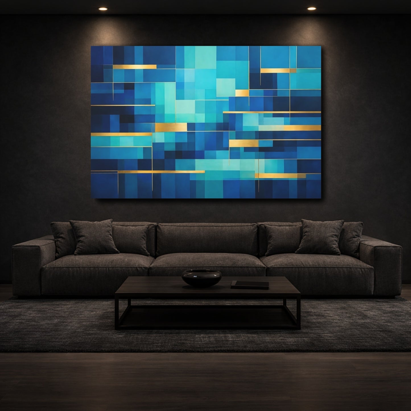 Mockup 2. Abstract Geometric Blocks Blue Gold Abstract shown as stretched canvas wall art