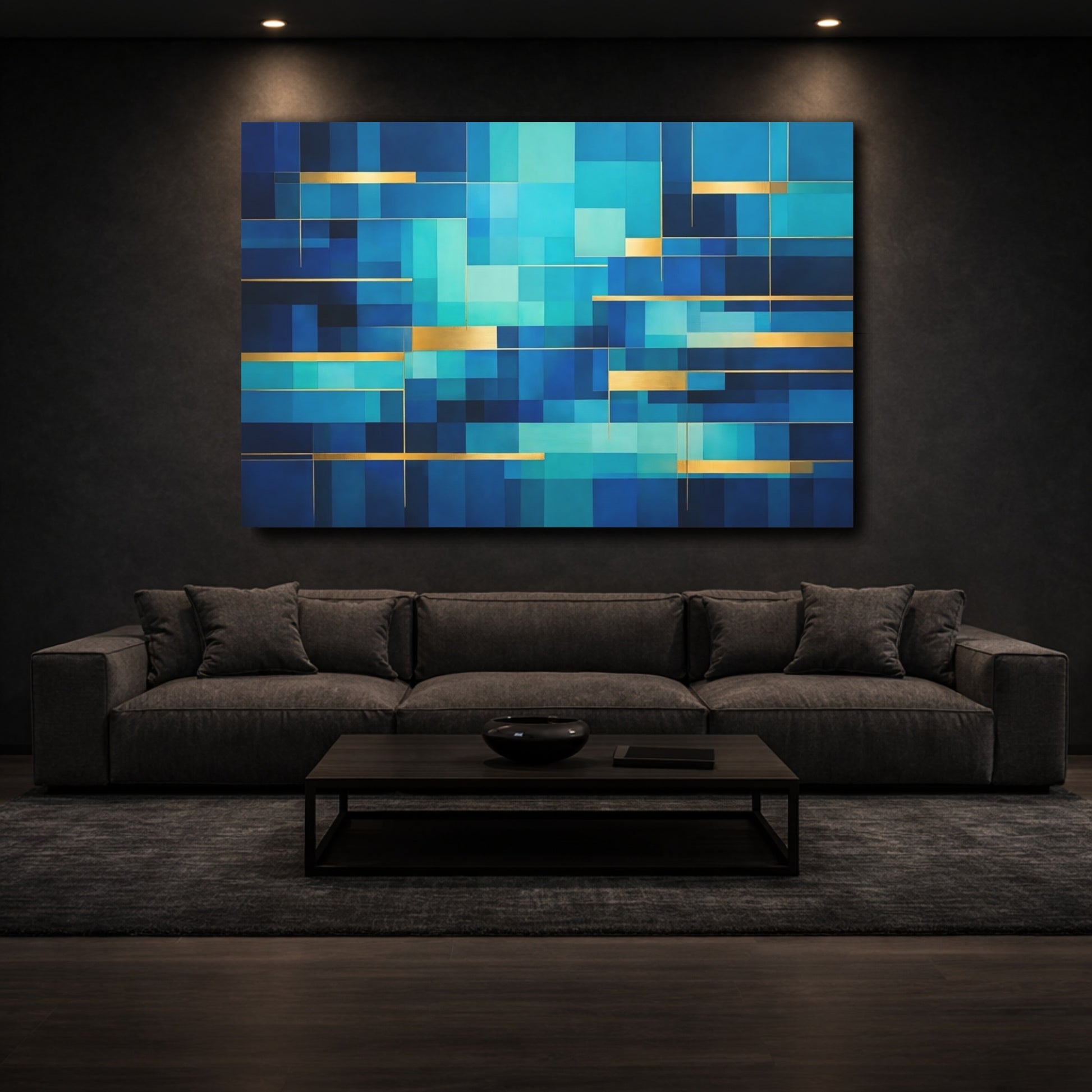 Mockup 2. Abstract Geometric Blocks Blue Gold Abstract shown as stretched canvas wall art
