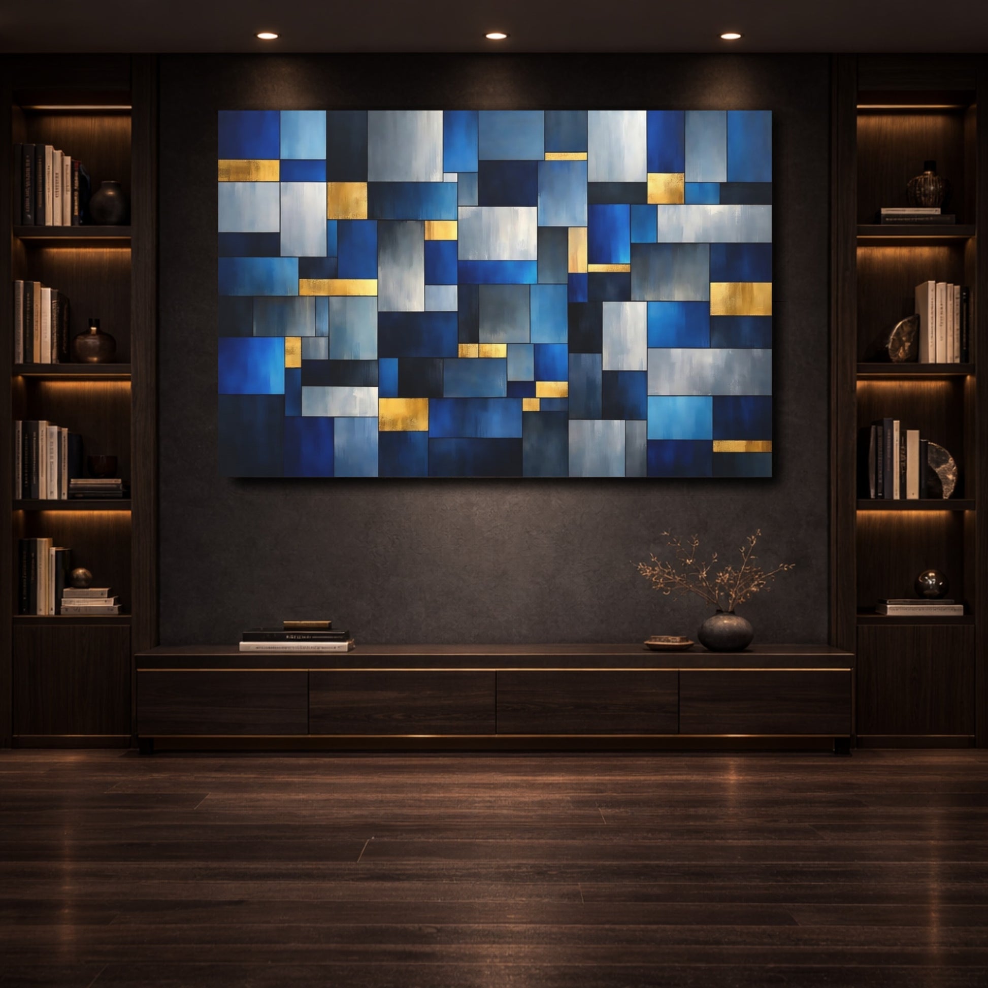 Mockup 3. Abstract Geometric Blocks Blue Gold Abstract shown as stretched canvas wall art