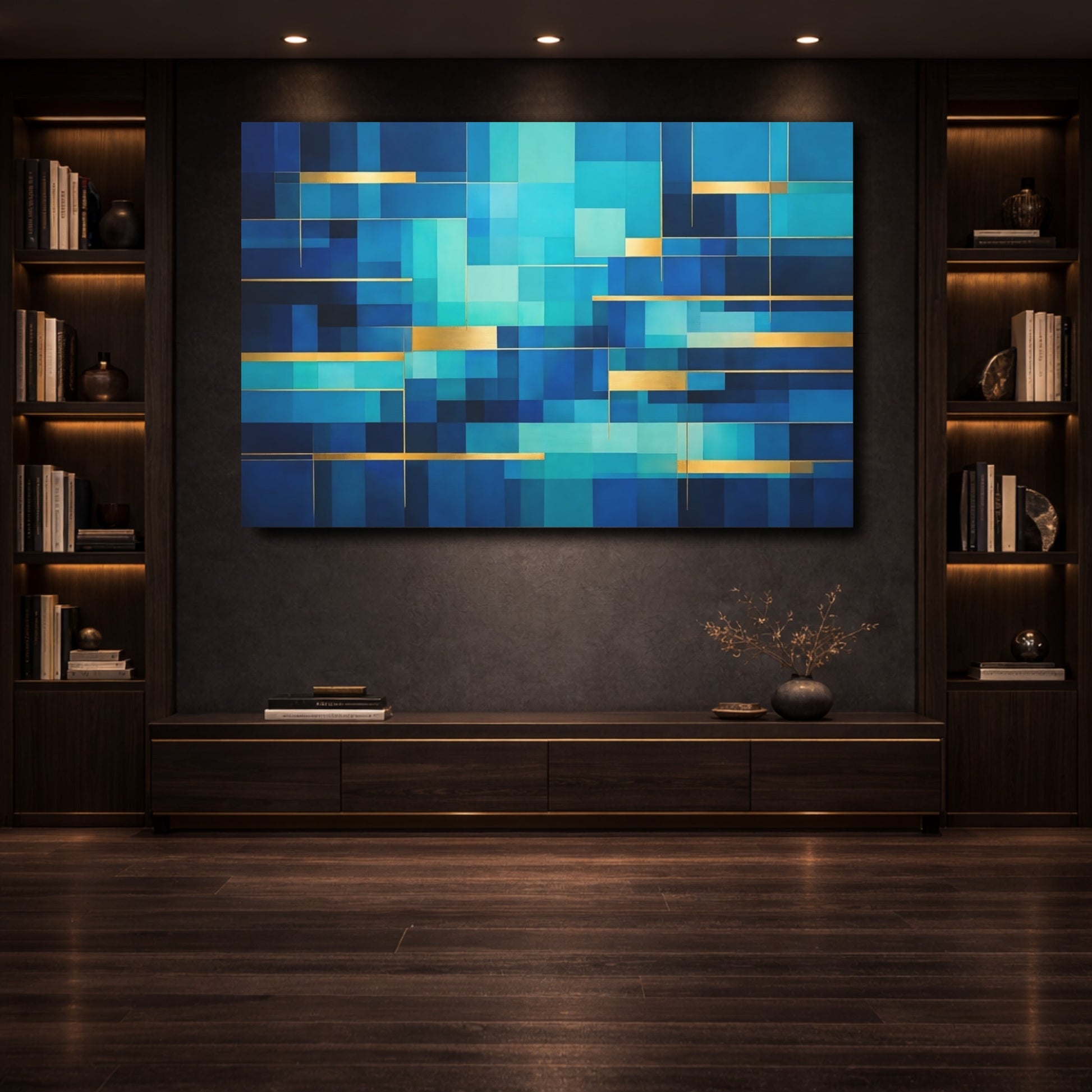 Mockup 3. Abstract Geometric Blocks Blue Gold Abstract shown as stretched canvas wall art